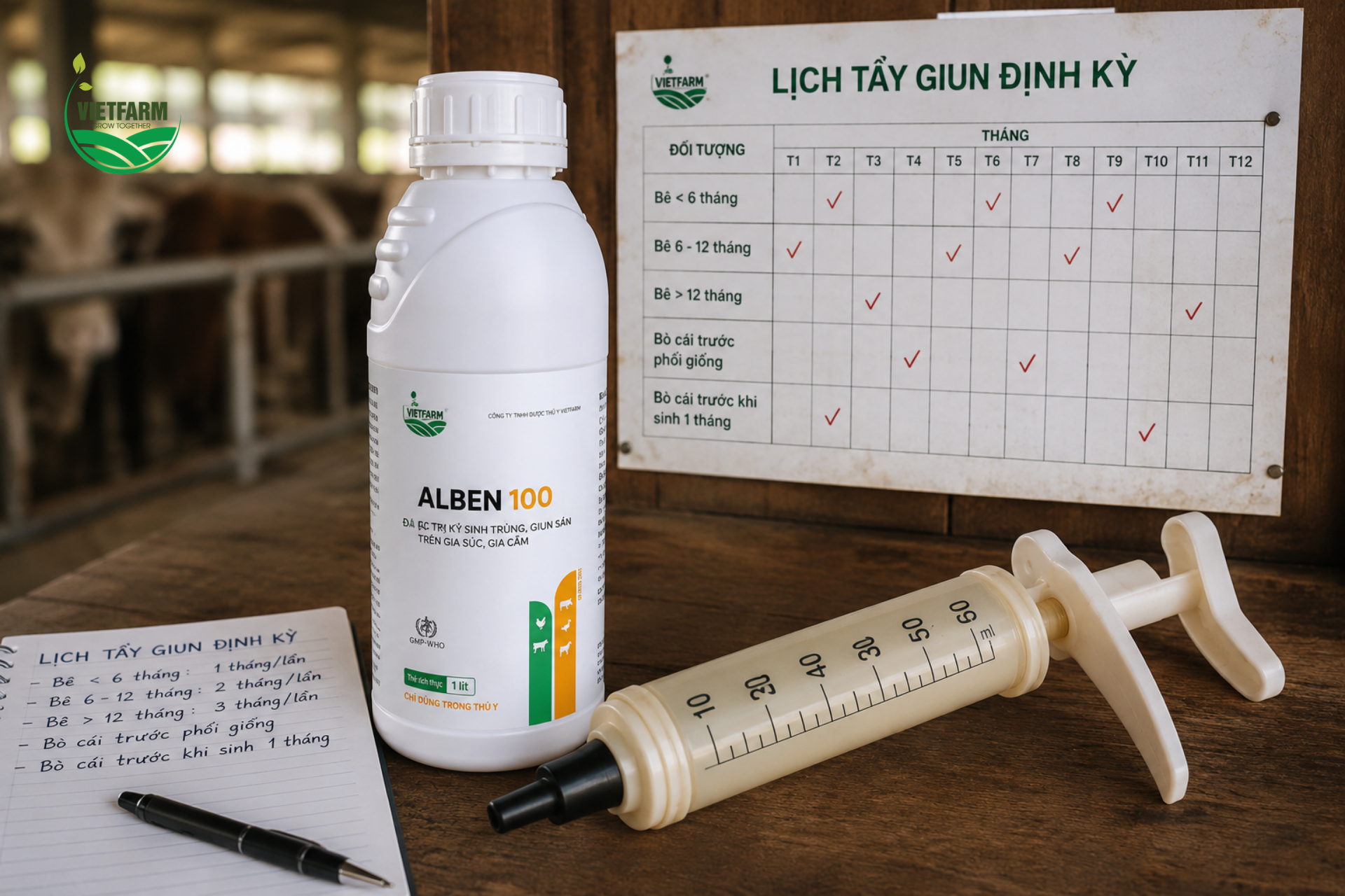 Alben 100 thường được bơm trực tiếp vào miệng gia súc bằng dụng cụ chuyên dụng (drencher) không có kim, đảm bảo liều chính xác cho từng cá thể theo lịch tẩy giun định kỳ của trại.