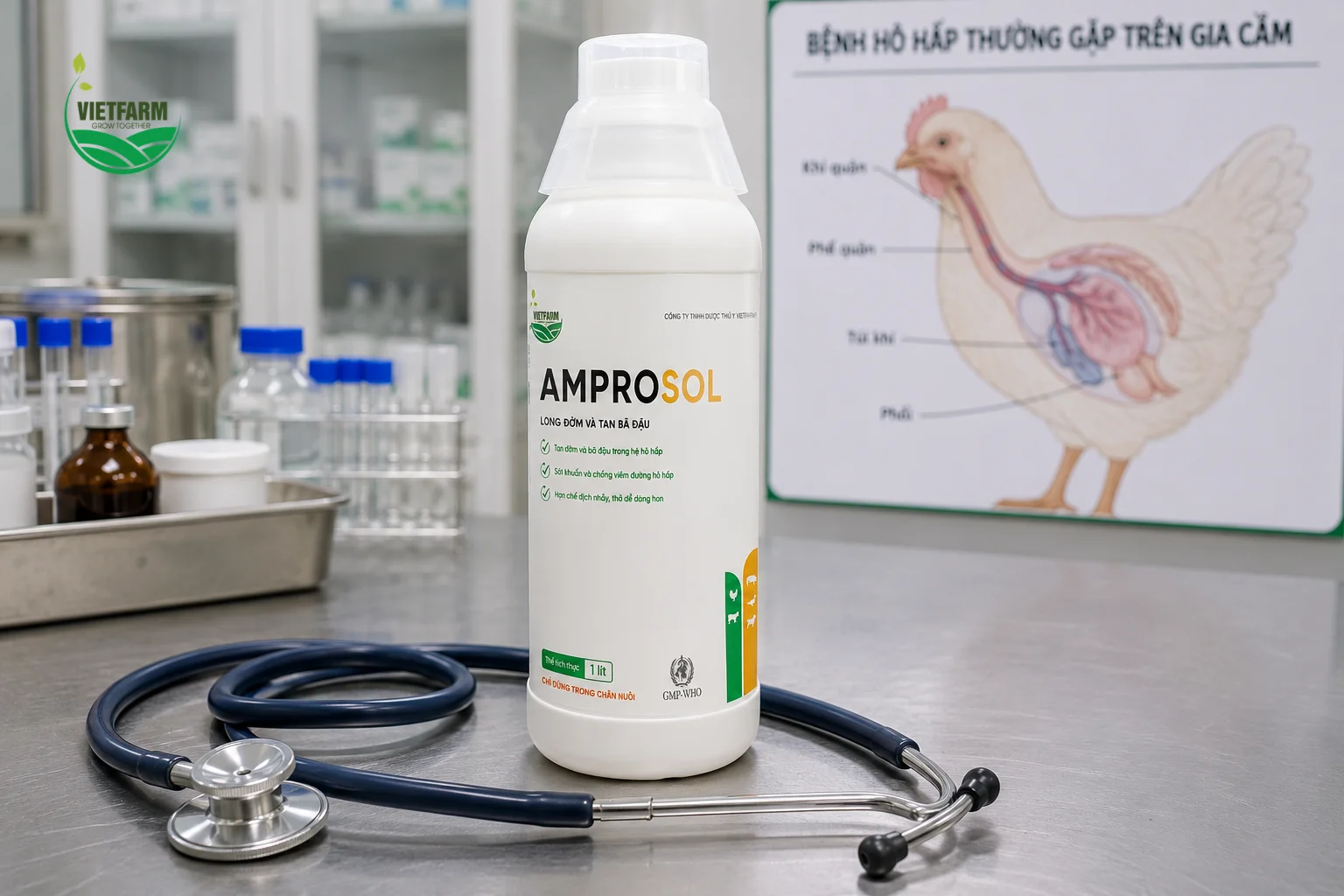Amprosol thường được dùng phối hợp trong phác đồ điều trị hô hấp, hỗ trợ làm sạch đường thở bên cạnh việc kháng sinh xử lý nguyên nhân vi khuẩn.