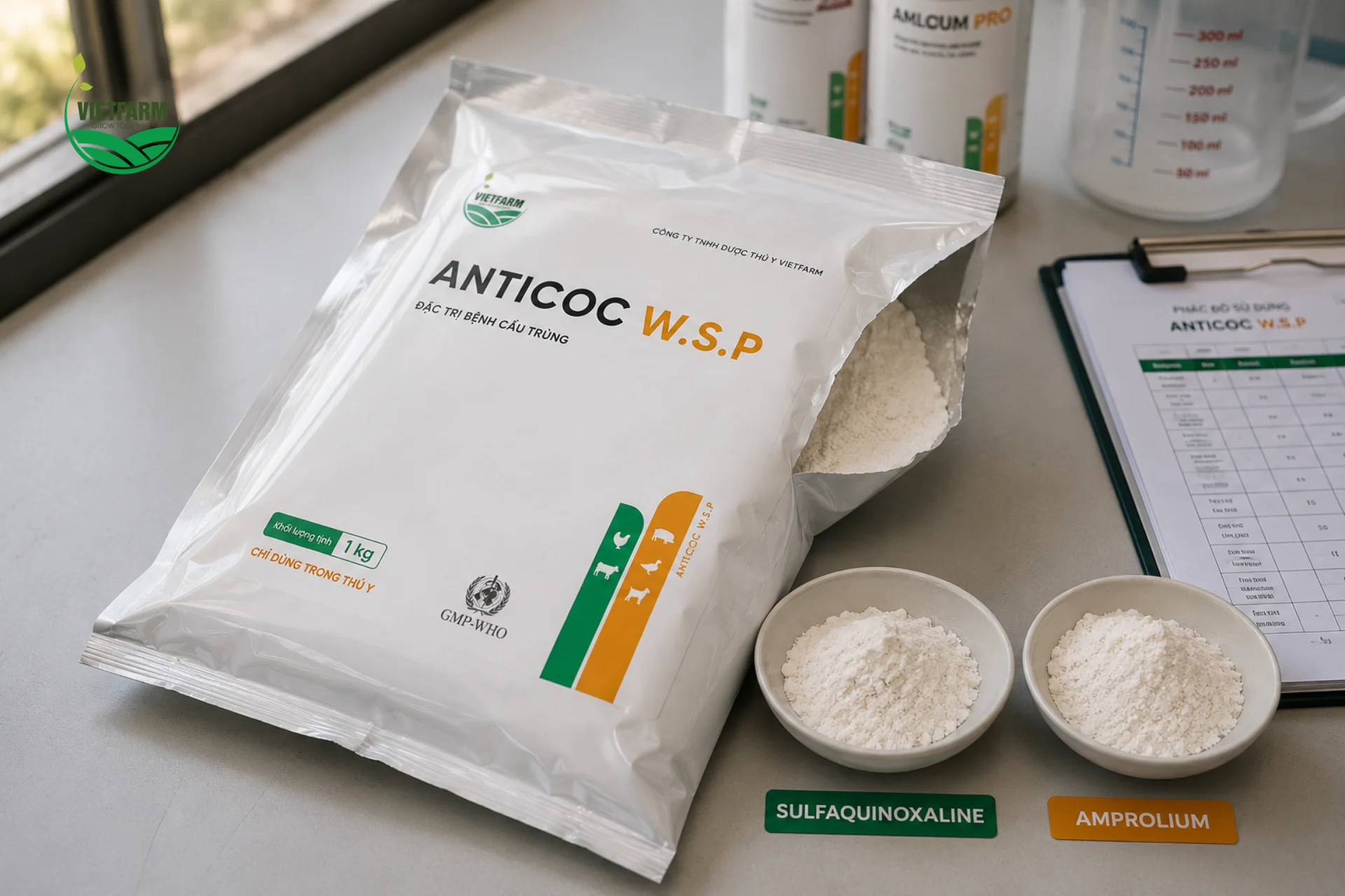 Anticoc W.S.P gộp sẵn hai hoạt chất trong cùng một gói bột — bà con không cần tính toán trộn riêng Sulfaquinoxaline và Amprolium theo tỷ lệ.
