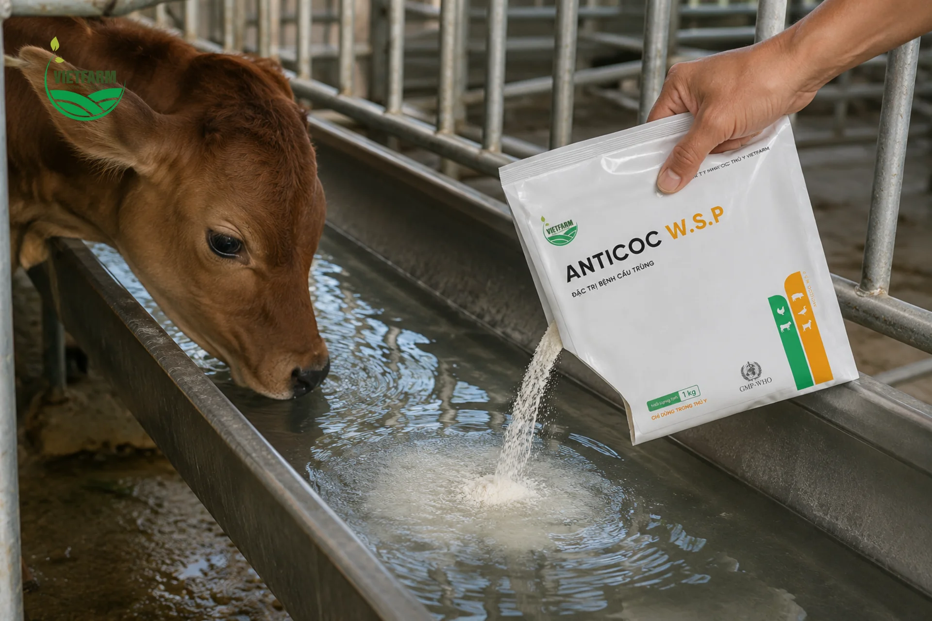 Với bê, nghé cần đảm bảo máng nước đủ sạch trước khi pha thuốc để tránh ảnh hưởng đến độ ổn định của hoạt chất trong nước uống.
