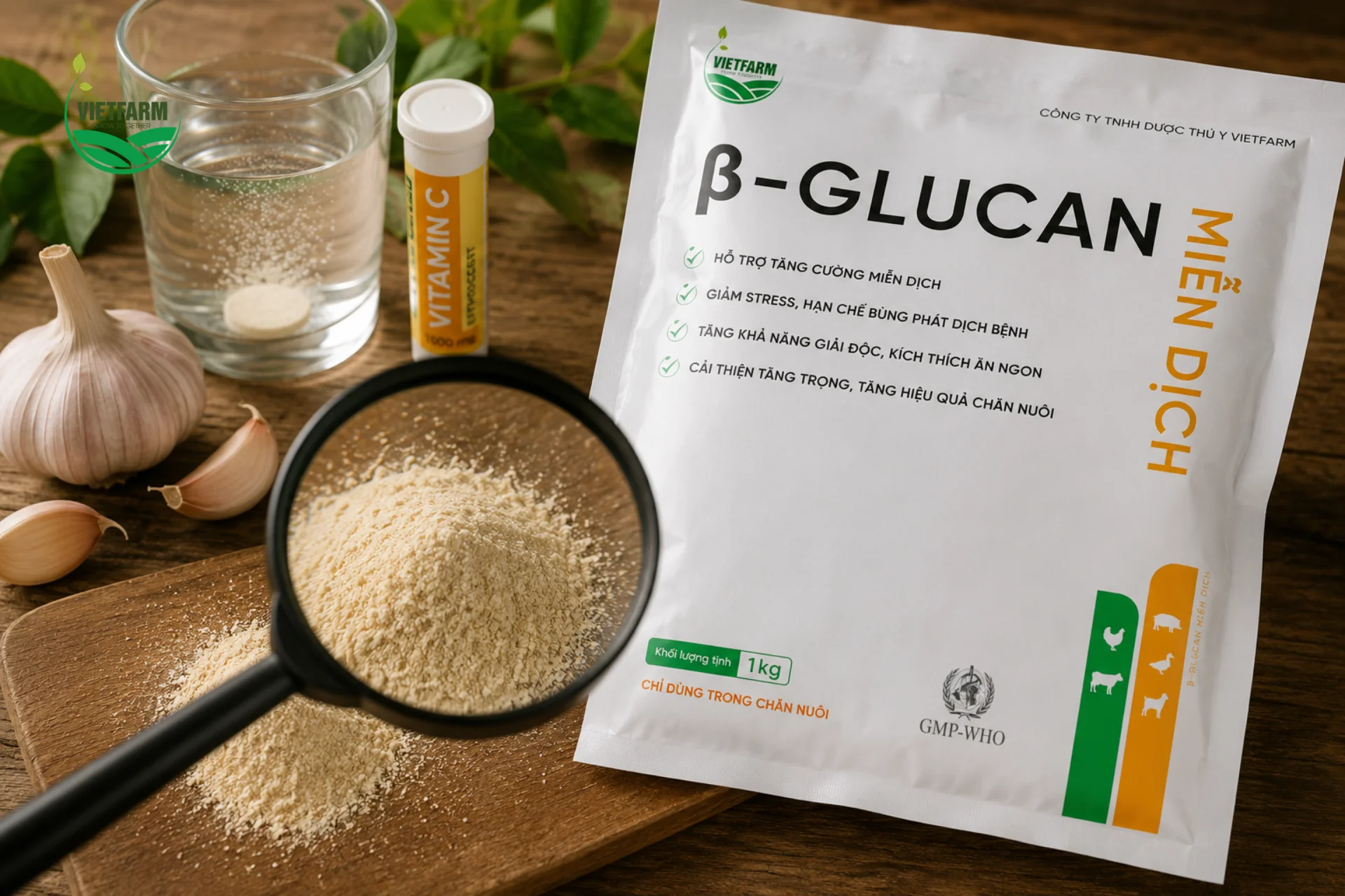 Beta-Glucan Miễn Dịch kết hợp Beta-Glucan làm nền tảng kích hoạt miễn dịch cùng cao Tỏi và Vitamin C bổ trợ — không chứa kháng sinh hay hormone trong công thức.
