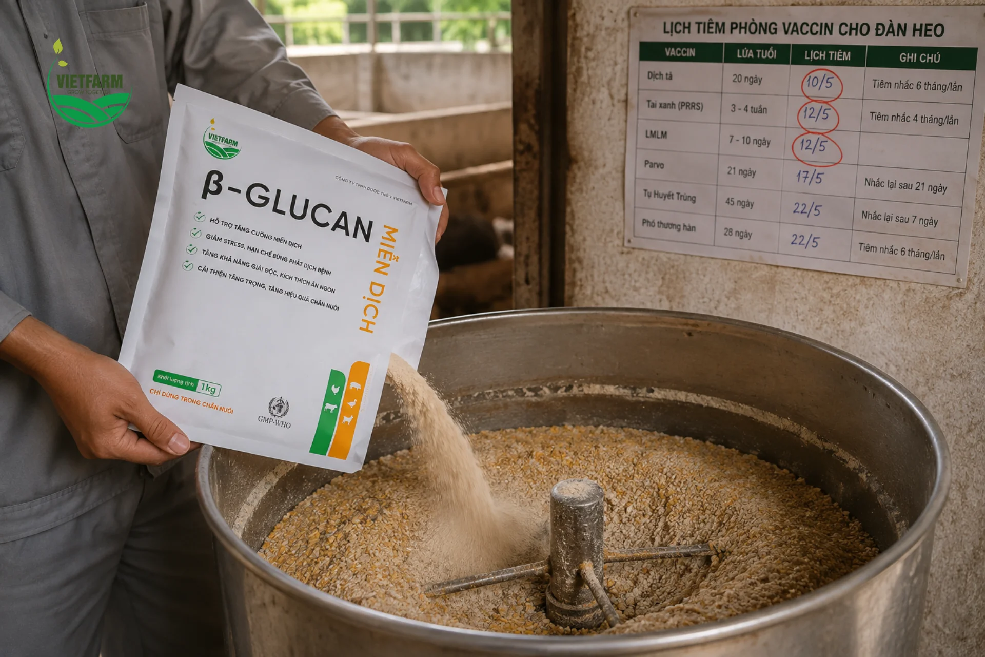 Bổ sung Beta-Glucan Miễn Dịch vào khẩu phần trước các đợt tiêm phòng vắc-xin giúp hệ miễn dịch của đàn ở trạng thái sẵn sàng tốt hơn để đáp ứng với vắc-xin.