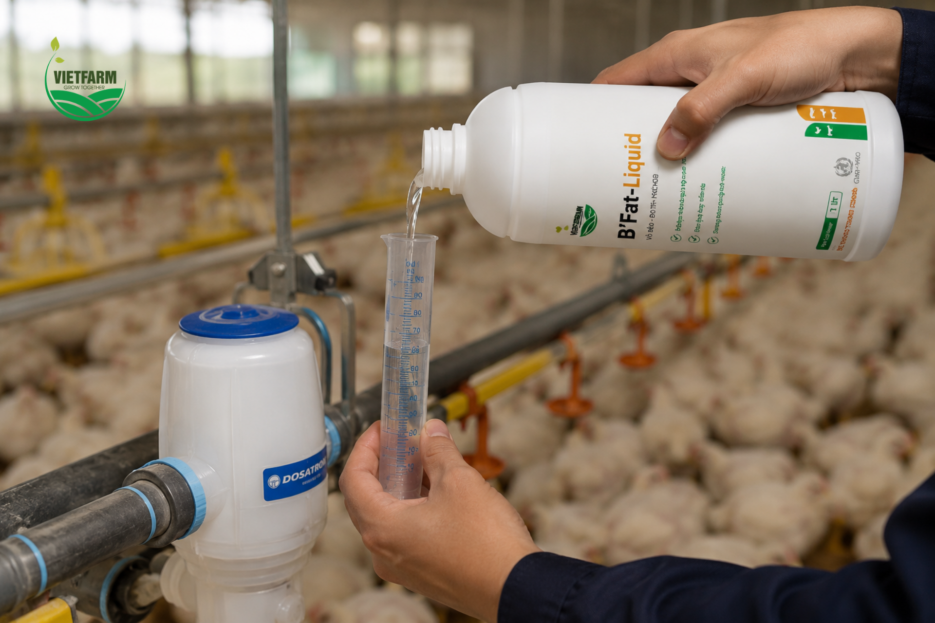 Pha đúng tỷ lệ B'Fat-Liquid vào hệ thống nước uống tự động giúp cả đàn nhận đủ liều dưỡng chất đồng đều trong suốt giai đoạn phát triển lông và tăng trọng.