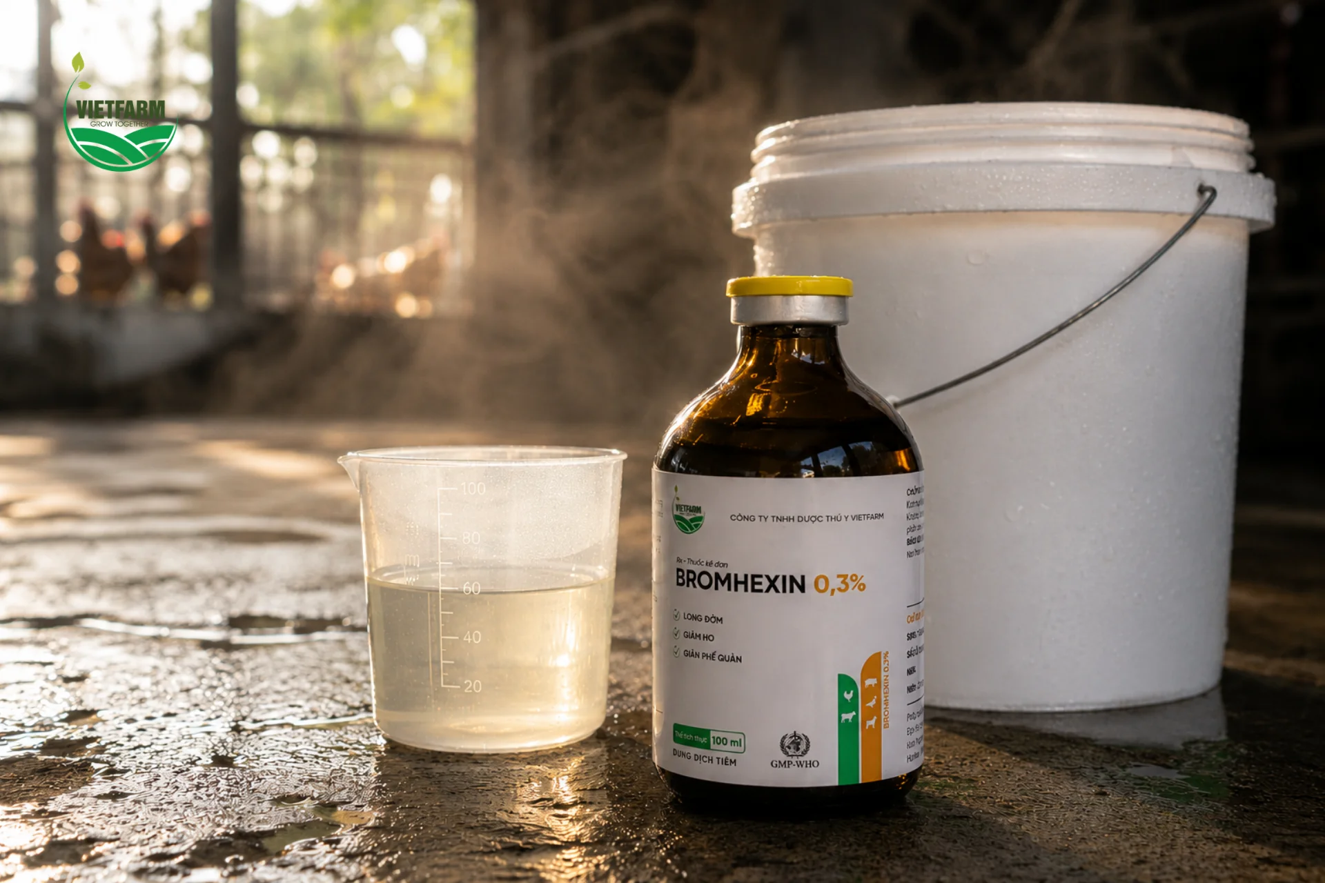 Bromhexin 0,3% đóng chai 100ml, liều tính theo thể trọng, áp dụng thống nhất cho nhiều loài vật nuôi.
