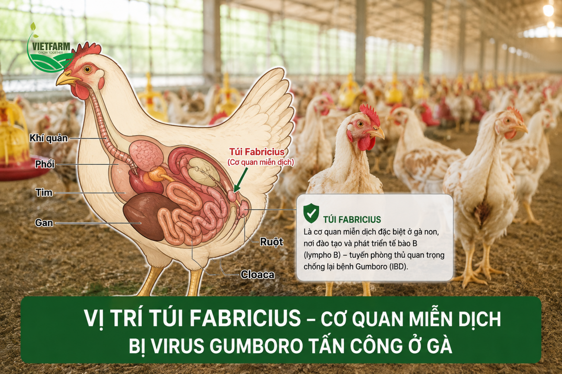 Túi Fabricius là cơ quan miễn dịch trung tâm sản sinh kháng thể ở gà — đây chính là mục tiêu tấn công của virus Gumboro, khiến bệnh này nguy hiểm hơn nhiều so với việc chỉ gây triệu chứng bên ngoài.