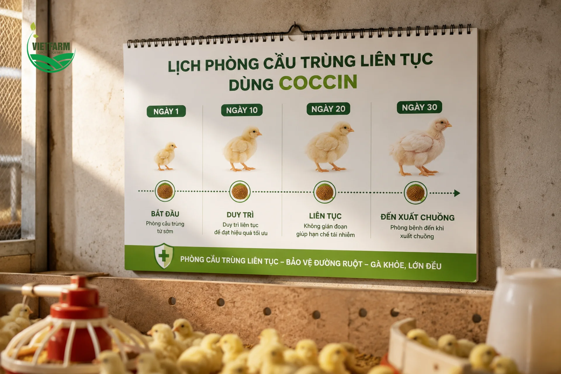 Coccin phát huy hiệu quả tốt nhất khi trộn liên tục vào thức ăn ngay từ giai đoạn gà con mới nở, thay vì chờ đến khi đàn đã có dấu hiệu phân máu mới can thiệp.