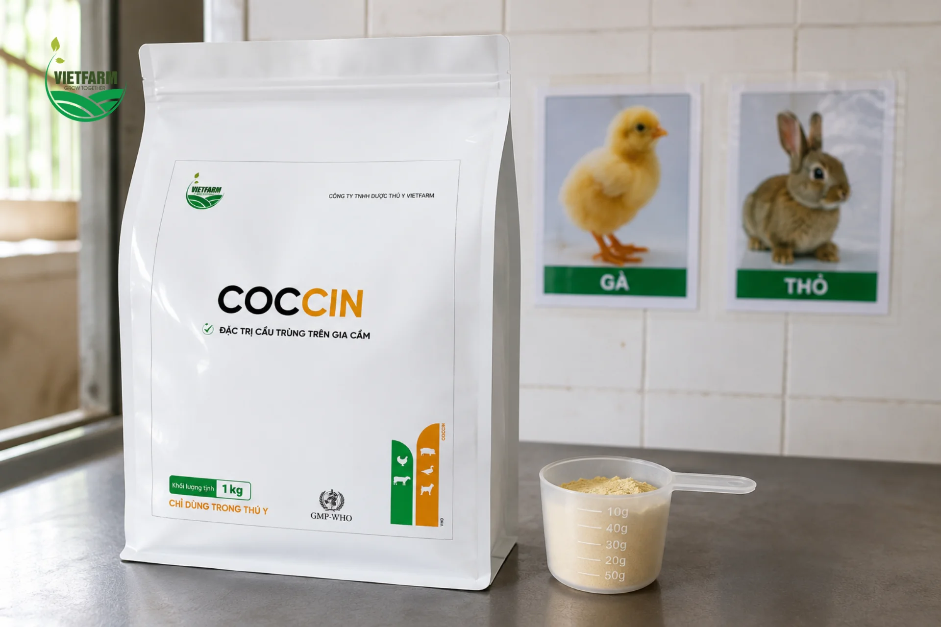 Coccin dùng được cho cả gà, gà tây và thỏ — một sản phẩm phòng cầu trùng hiếm hoi bao phủ được cả loài gia cầm lẫn thỏ trong cùng một công thức.