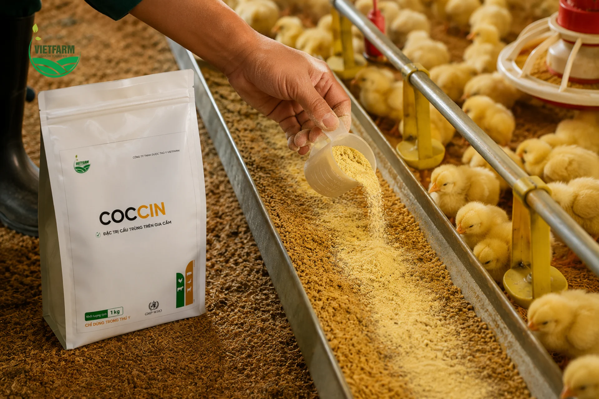 Trộn đều Coccin vào khẩu phần hàng ngày ngay từ giai đoạn gà con mới nở là chìa khóa để phòng cầu trùng hiệu quả trước khi triệu chứng xuất hiện.