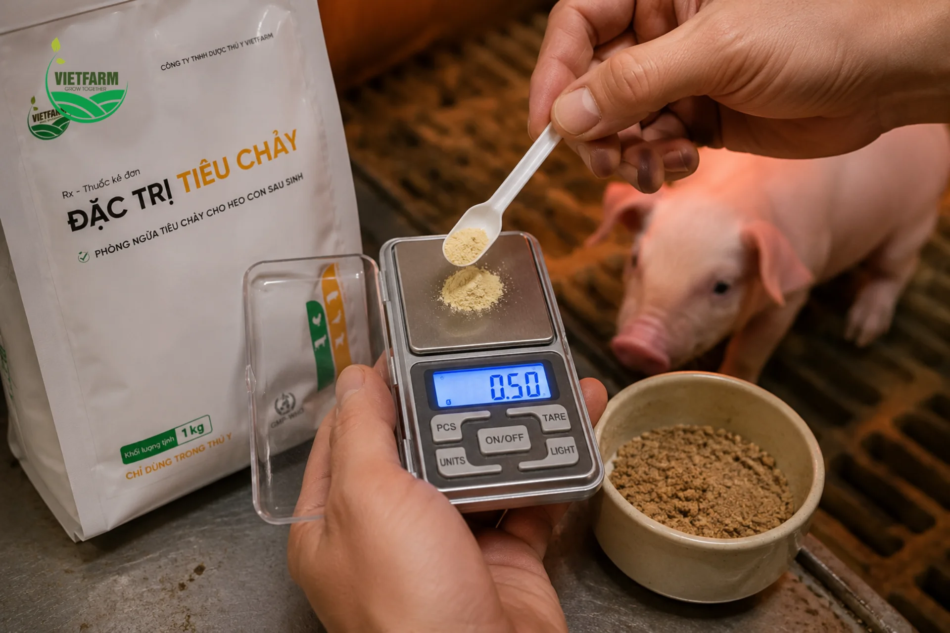 Cân đúng liều theo thể trọng từng heo con bị tiêu chảy (không áp dụng đại trà cho cả đàn khỏe mạnh) giúp xử lý đúng đối tượng cần điều trị mà không lãng phí thuốc.