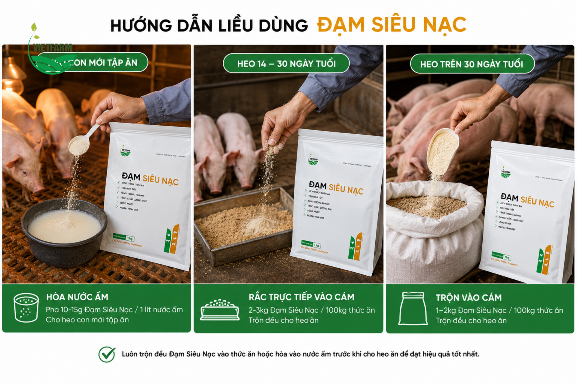 Liều lượng Đạm siêu nạc thay đổi theo từng giai đoạn tuổi của heo — từ hòa nước ấm cho heo con mới tập ăn đến trộn trực tiếp vào khẩu phần cho heo lớn hơn.