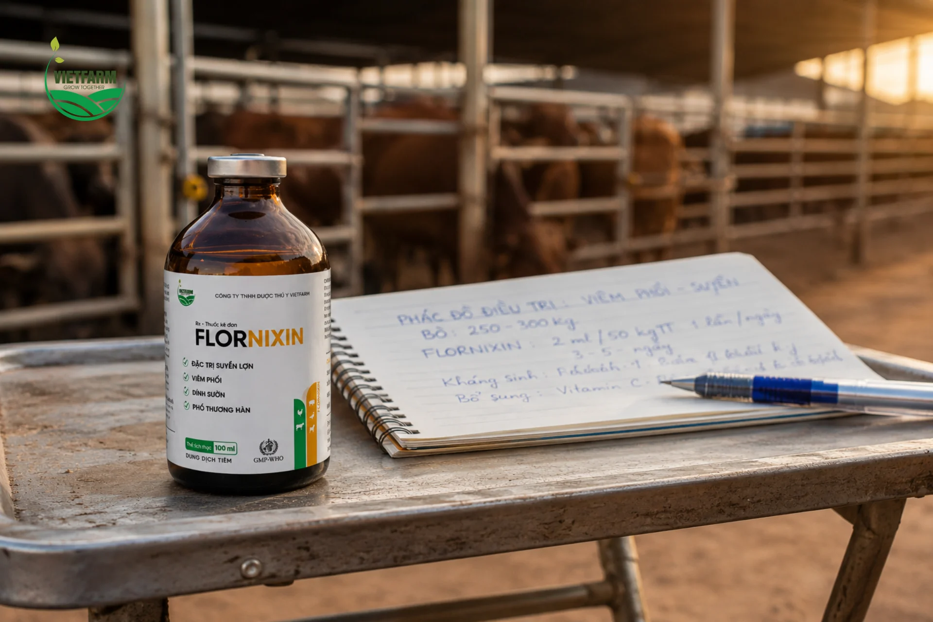 Flornixin đóng lọ tiêm nồng độ cao, gộp sẵn kháng sinh và kháng viêm — bà con không cần tính toán phối hai loại thuốc riêng biệt.
