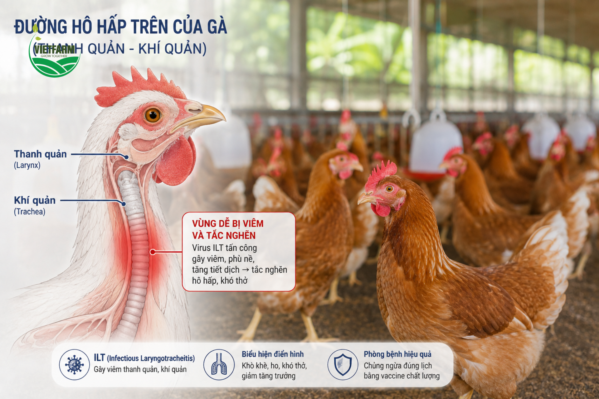 ILT gây viêm xuất huyết và tiết dịch nhầy đông đặc ngay tại thanh quản, khí quản — nơi hẹp nhất của đường hô hấp gà — khiến bệnh có tốc độ gây chết nhanh hơn nhiều bệnh hô hấp thông thường khác.
