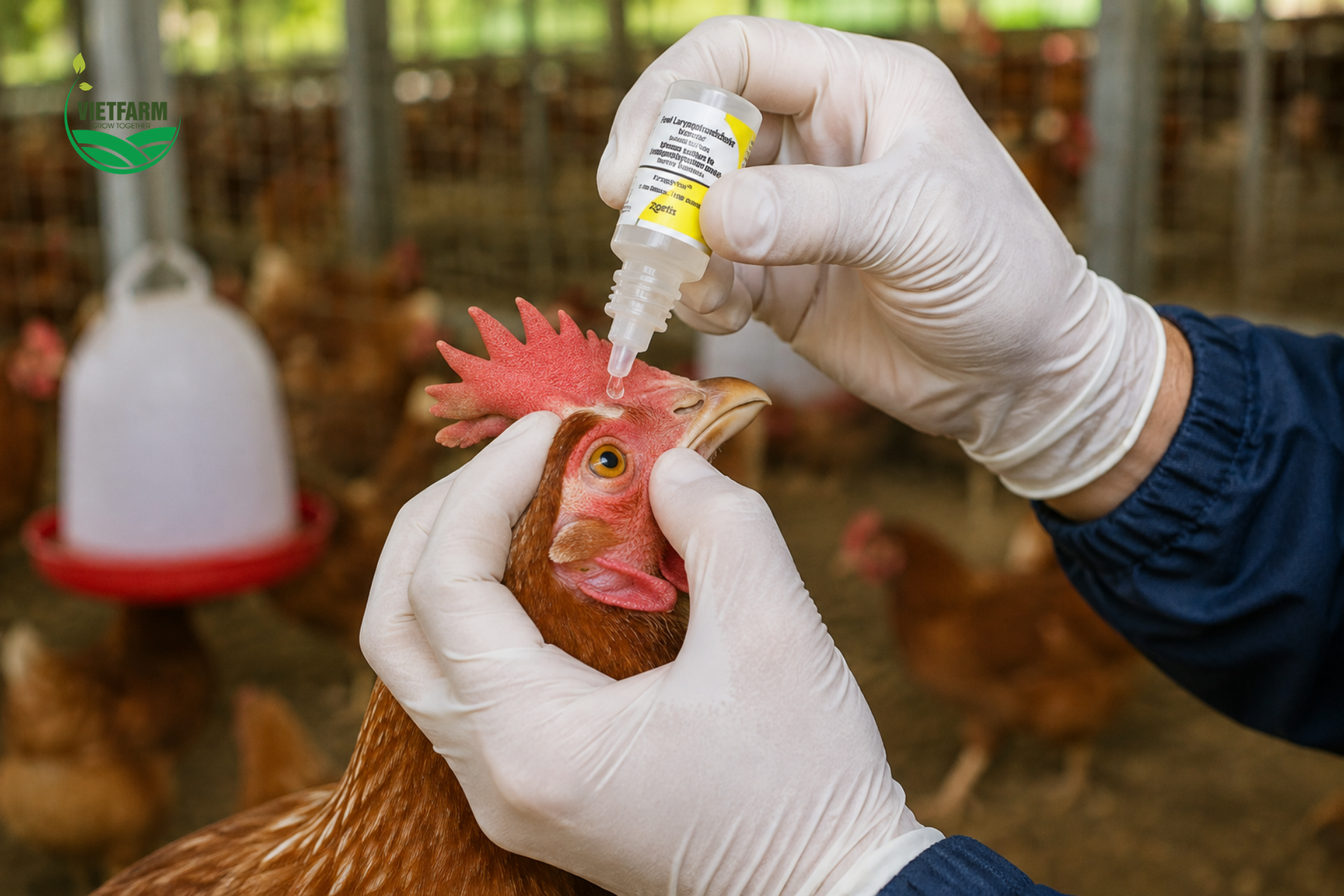 Nhỏ vaccine trực tiếp vào mắt giúp đưa virus vaccine tiếp xúc chính xác với niêm mạc mắt — cửa ngõ tự nhiên mà virus ILT thường xâm nhập vào đường hô hấp trên của gà.