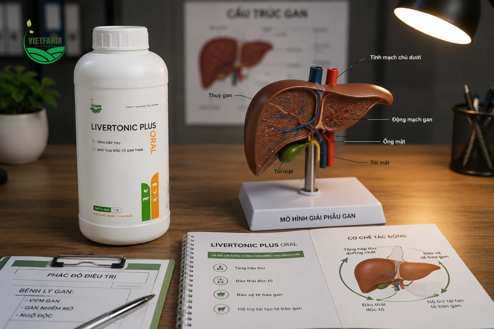 Livertonic Plus Oral tác động trực tiếp lên chức năng chuyển hóa và giải độc của gan — cơ quan trung tâm xử lý dinh dưỡng và độc tố trong cơ thể vật nuôi.