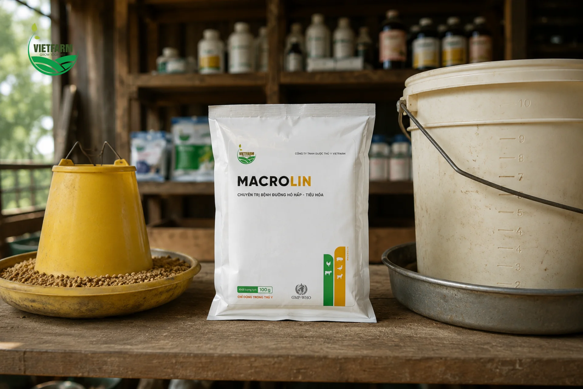 Macrolin dạng bột hòa tan, phối hợp sẵn Tylosin và Colistin — không cần tính toán trộn riêng hai loại kháng sinh.