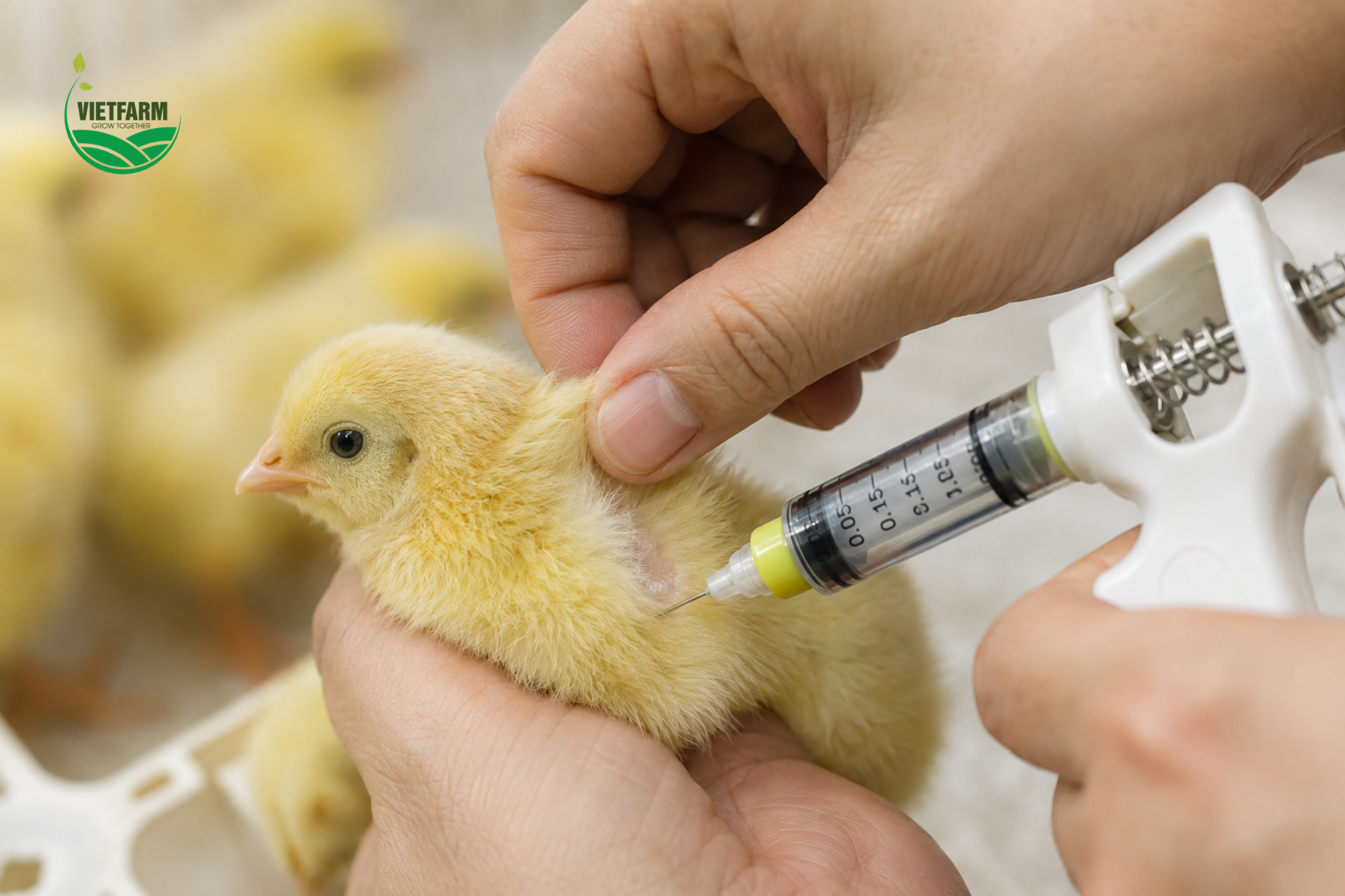 Vị trí tiêm chính xác là vùng da lỏng phía sau cổ — kéo nhẹ da lên trước khi tiêm giúp đưa vaccine đúng vào lớp dưới da, tránh tiêm sâu vào cơ hoặc trúng mạch máu ở gà con còn rất nhỏ.