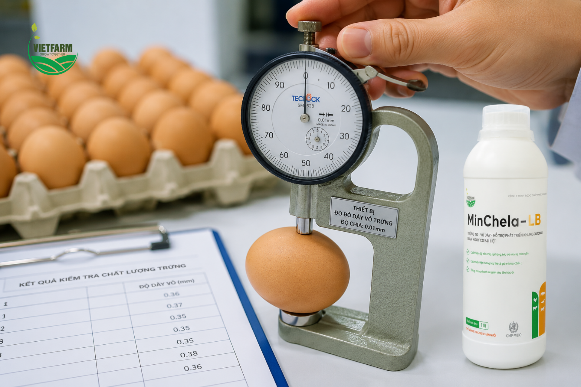 Đo độ dày vỏ trứng bằng dụng cụ chuyên dụng giúp bà con đánh giá khách quan hiệu quả của việc bổ sung khoáng Chelate, thay vì chỉ quan sát tỷ lệ trứng vỡ bằng mắt thường.