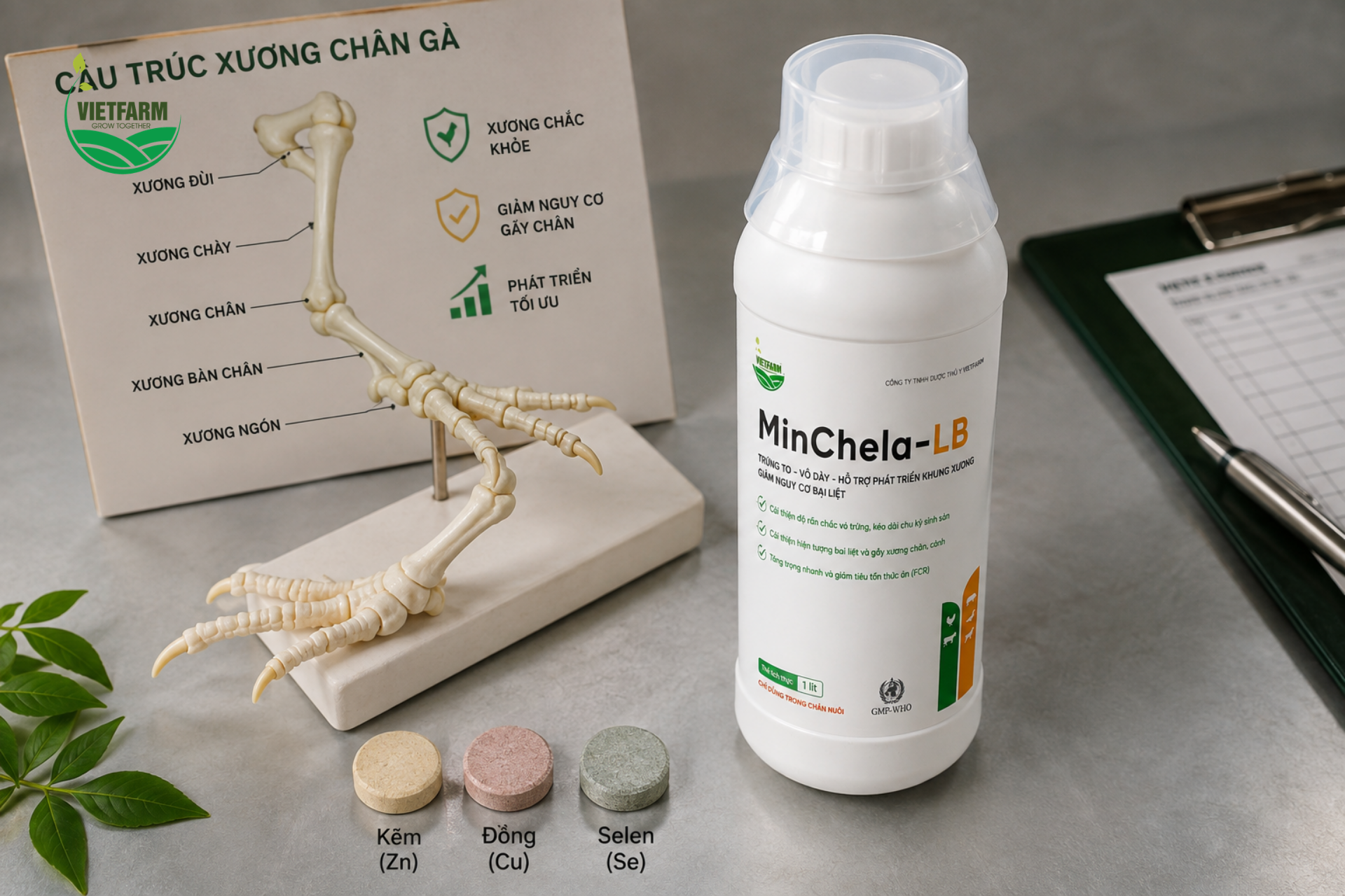 MinChela-LB cung cấp đồng thời bốn khoáng vi lượng thiết yếu cho cả phát triển khung xương lẫn chất lượng vỏ trứng trong cùng một dung dịch dễ sử dụng.