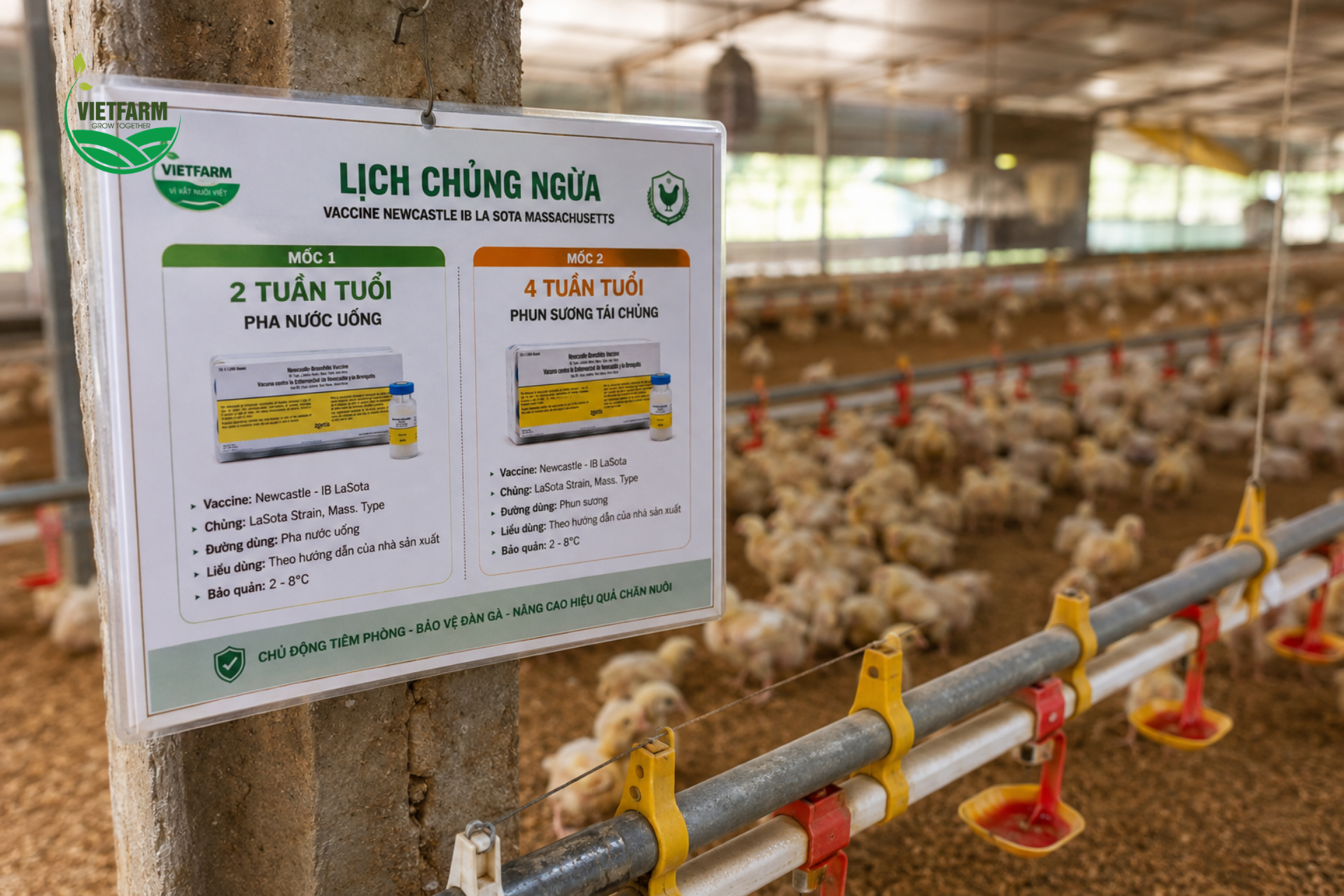 Vaccine LaSota-Mass được thiết kế cho đúng hai giai đoạn chủng ngừa: lần đầu qua nước uống từ 2 tuần tuổi, tái chủng bằng phun sương từ 4 tuần tuổi trở lên.