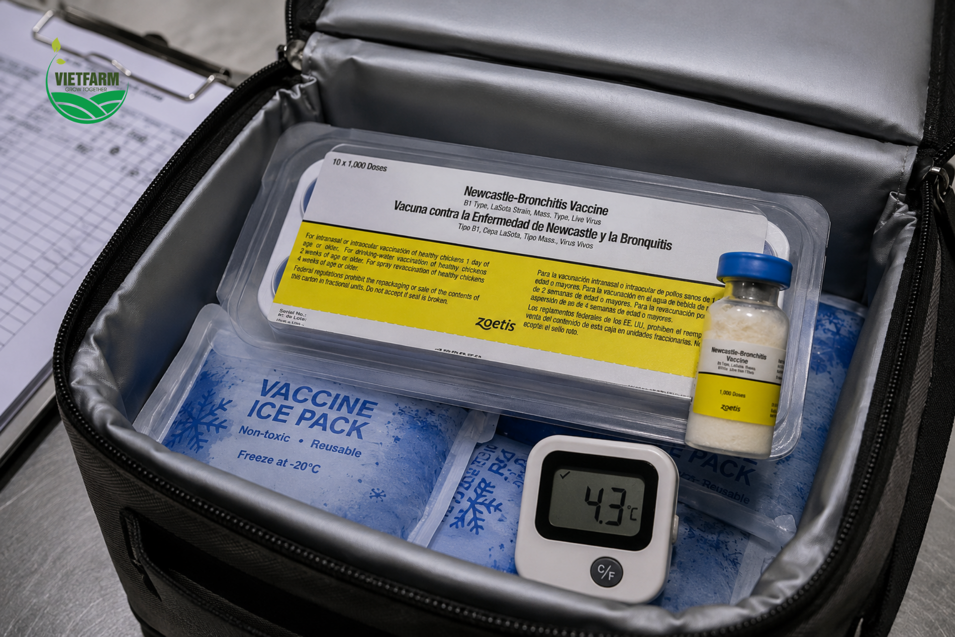 Vaccine LaSota-Mass cần được bảo quản liên tục ở nhiệt độ không quá 7°C từ kho đến tận thời điểm sử dụng — đứt gãy chuỗi lạnh dù chỉ một khâu cũng có thể làm giảm hiệu lực vaccine.