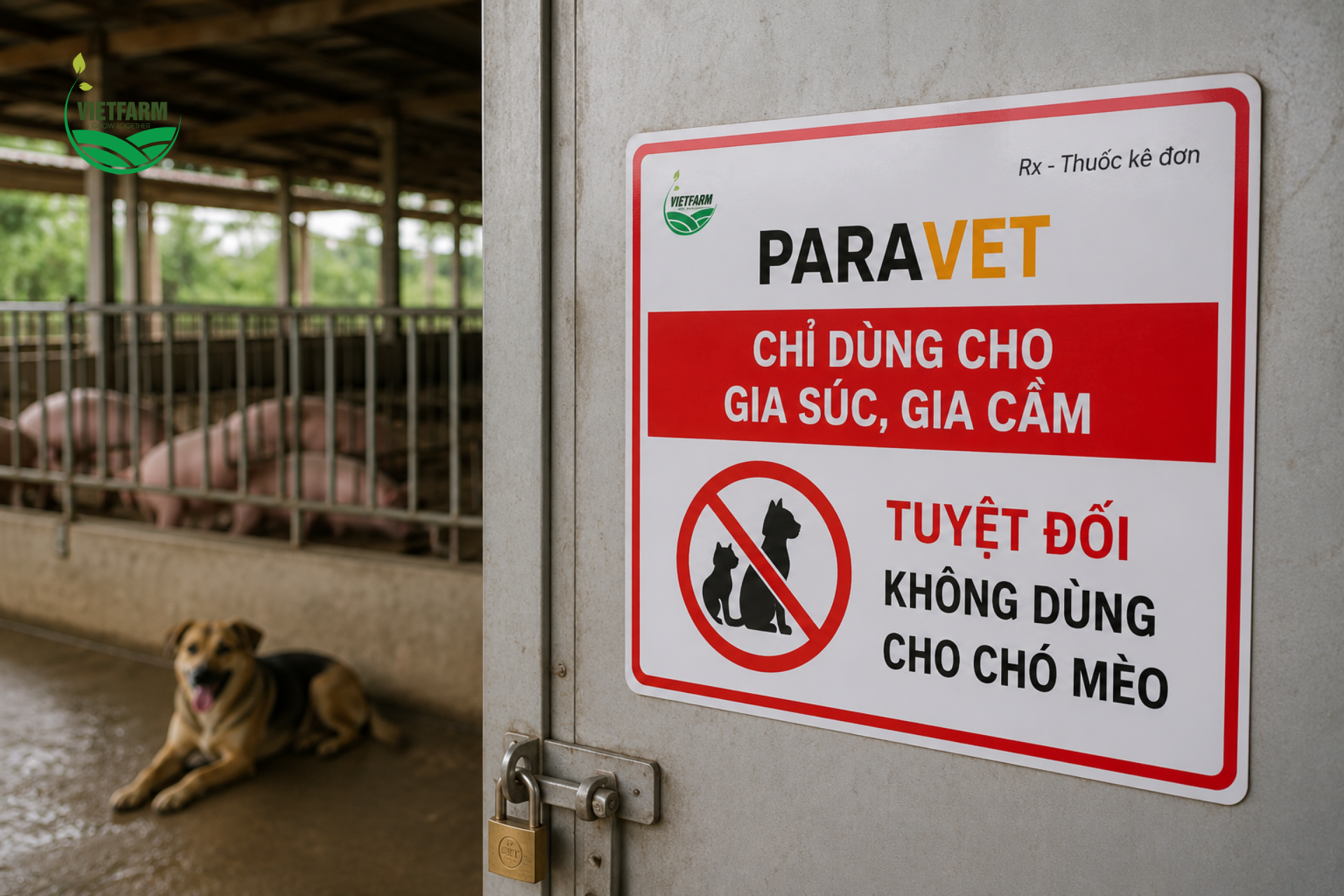 Paravet an toàn và hiệu quả cho gia súc, gia cầm nhưng có thể gây độc chết người cho mèo — biển cảnh báo rõ ràng tại kho thuốc giúp tránh nhầm lẫn nguy hiểm trong trại có nuôi thú cưng.