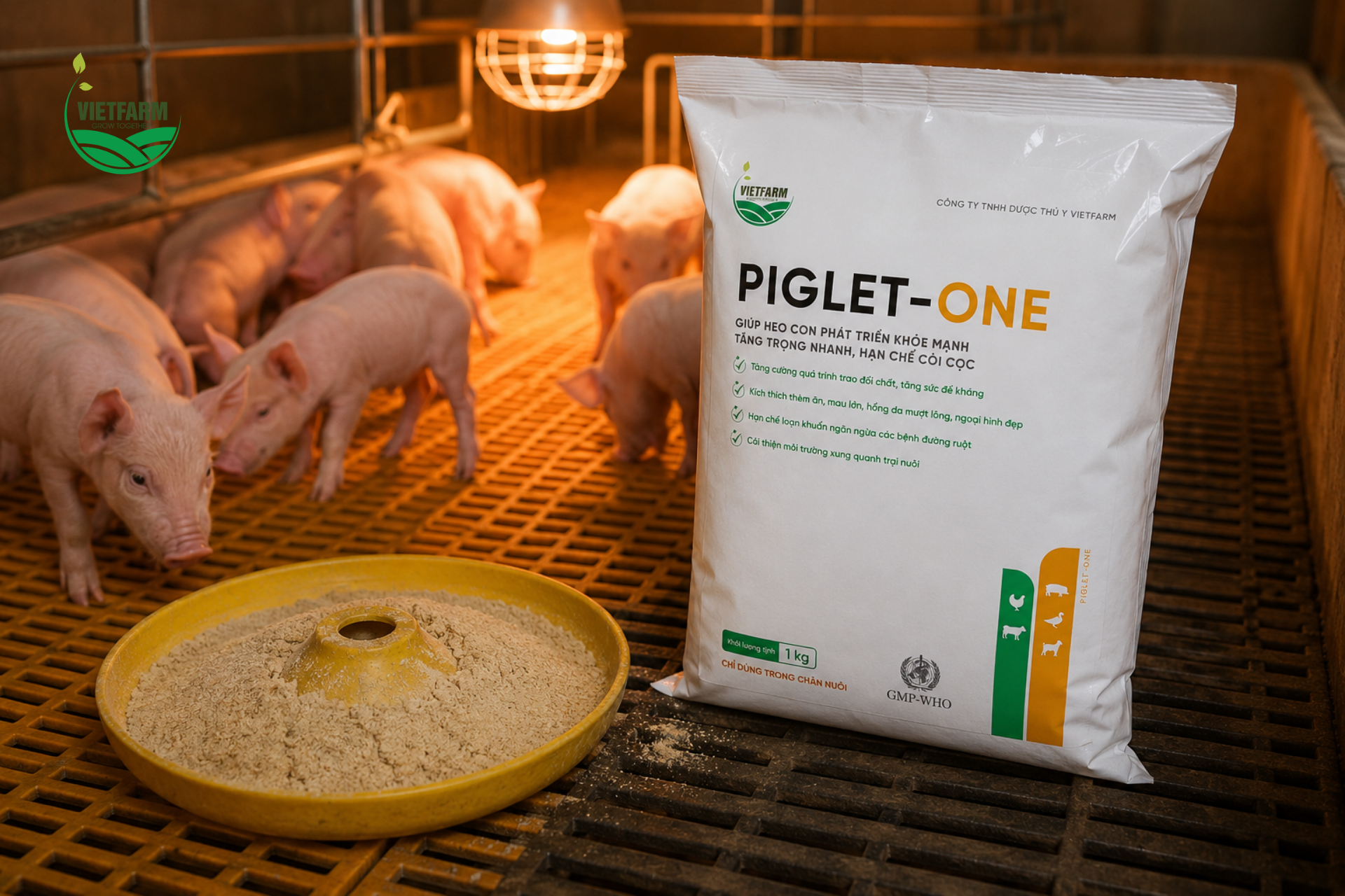 Piglet-One được trộn trực tiếp vào khẩu phần tập ăn đầu đời của heo con — giai đoạn dinh dưỡng có ảnh hưởng lâu dài nhất đến toàn bộ quá trình nuôi thịt sau này.
