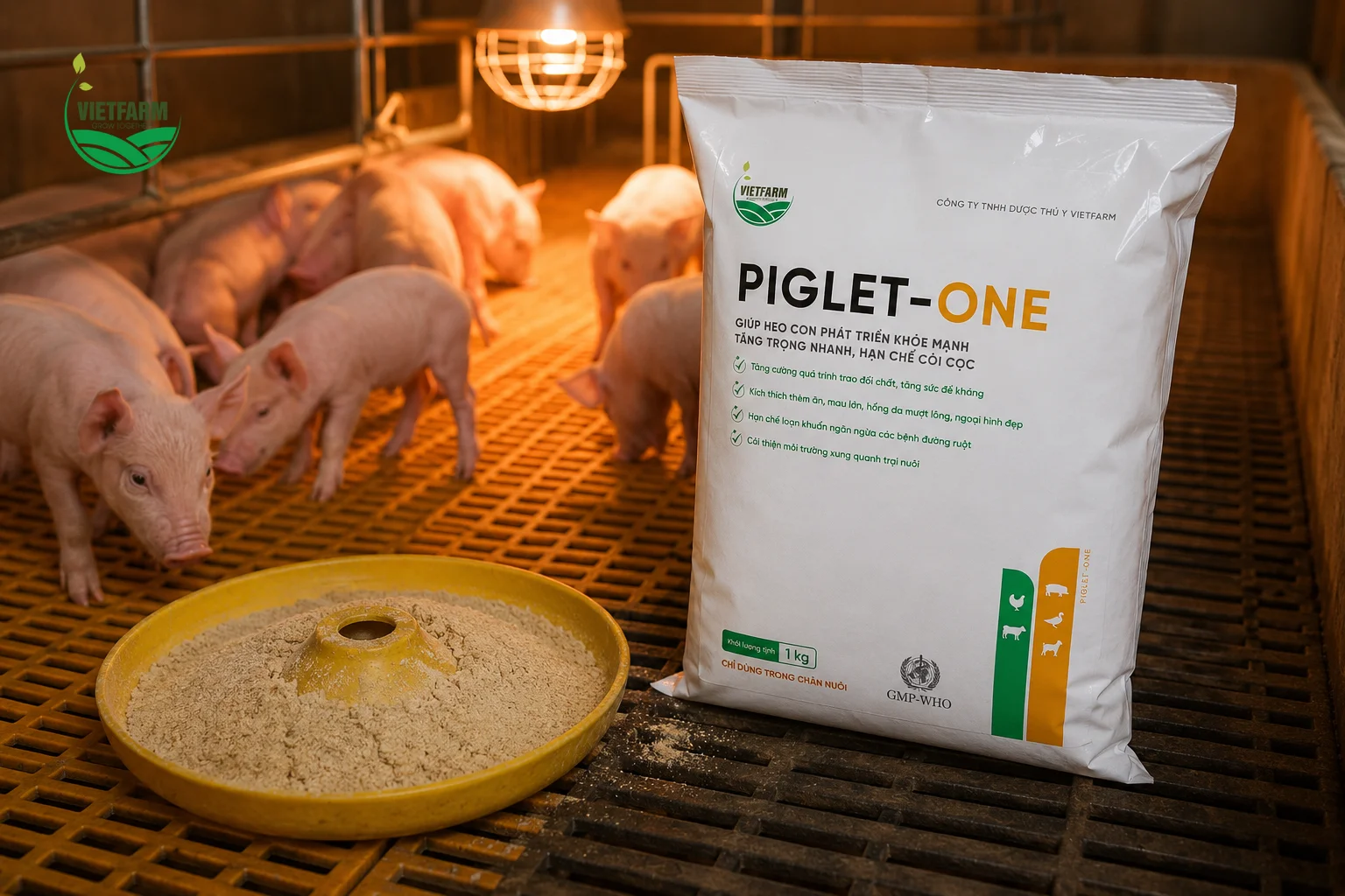 Piglet-One được trộn trực tiếp vào khẩu phần tập ăn đầu đời của heo con — giai đoạn dinh dưỡng có ảnh hưởng lâu dài nhất đến toàn bộ quá trình nuôi thịt sau này.