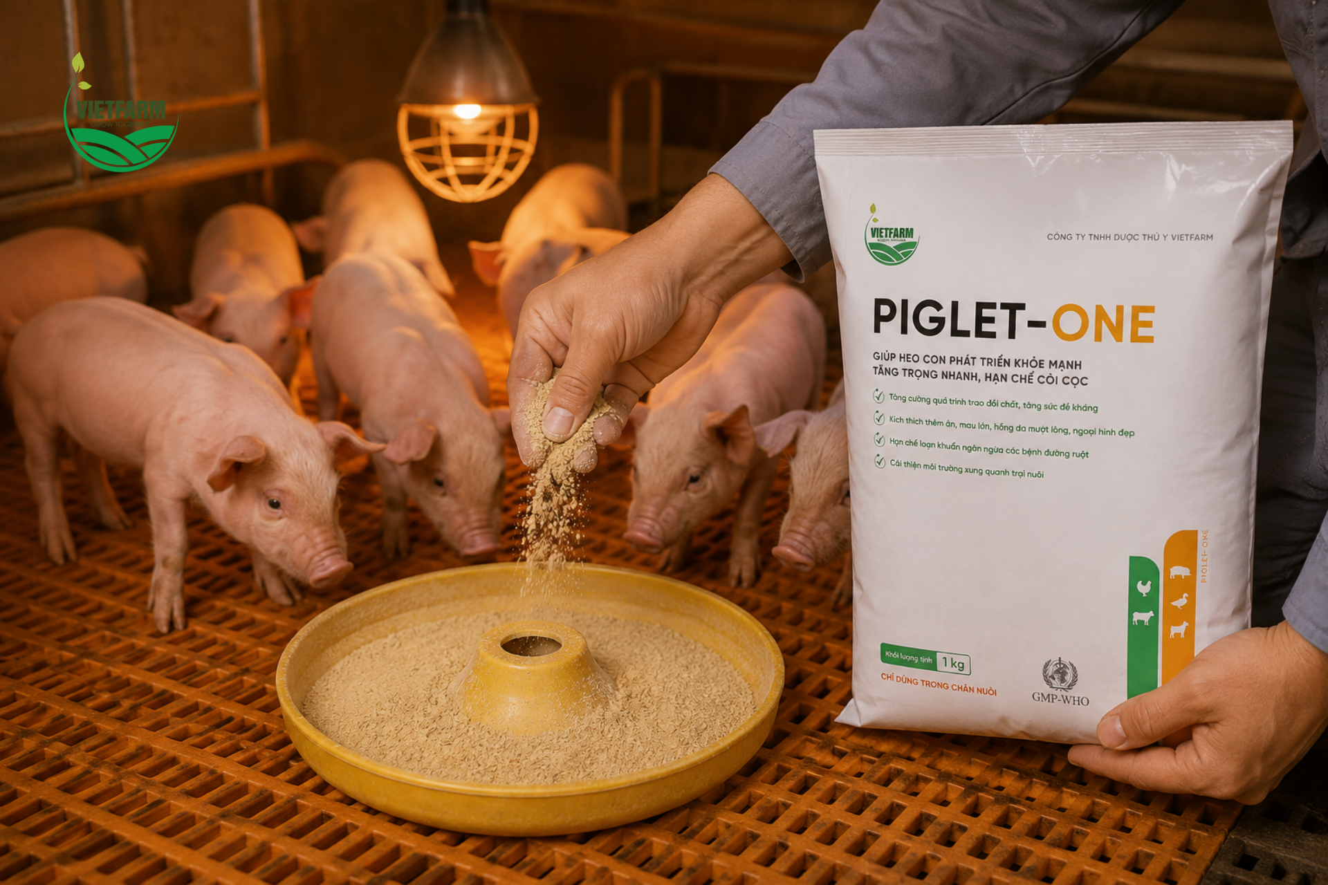 Trộn Piglet-One vào khẩu phần tập ăn giúp heo con làm quen với thức ăn rắn thuận lợi hơn, đồng thời nhận đủ dưỡng chất cần thiết ngay từ những ngày đầu chuyển đổi.