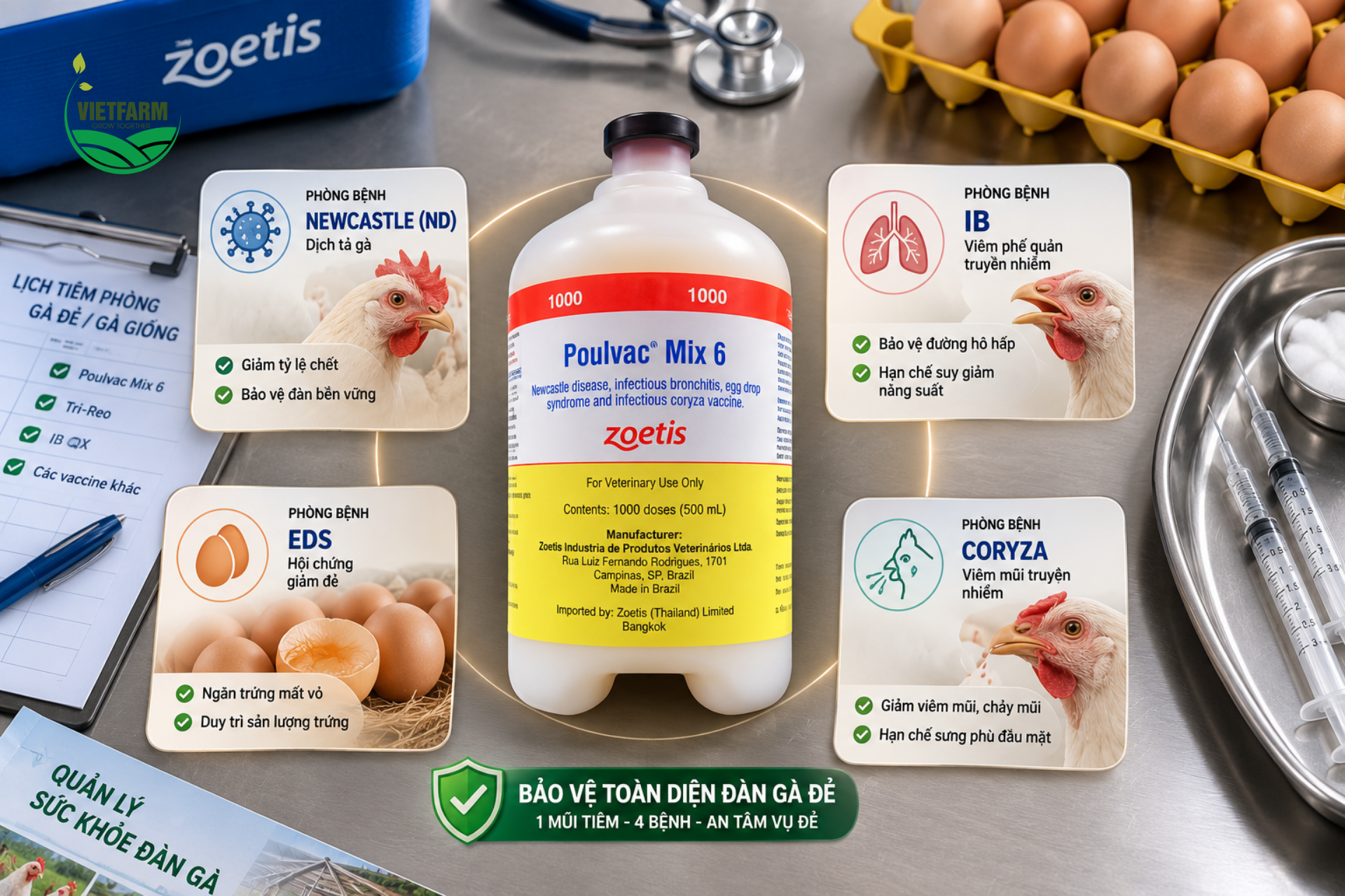 Poulvac Mix 6 gộp bốn nhóm nguy cơ chính đe dọa năng suất trứng vào cùng một mũi tiêm — giúp trại giảm đáng kể số lần chủng ngừa riêng lẻ cho từng bệnh.