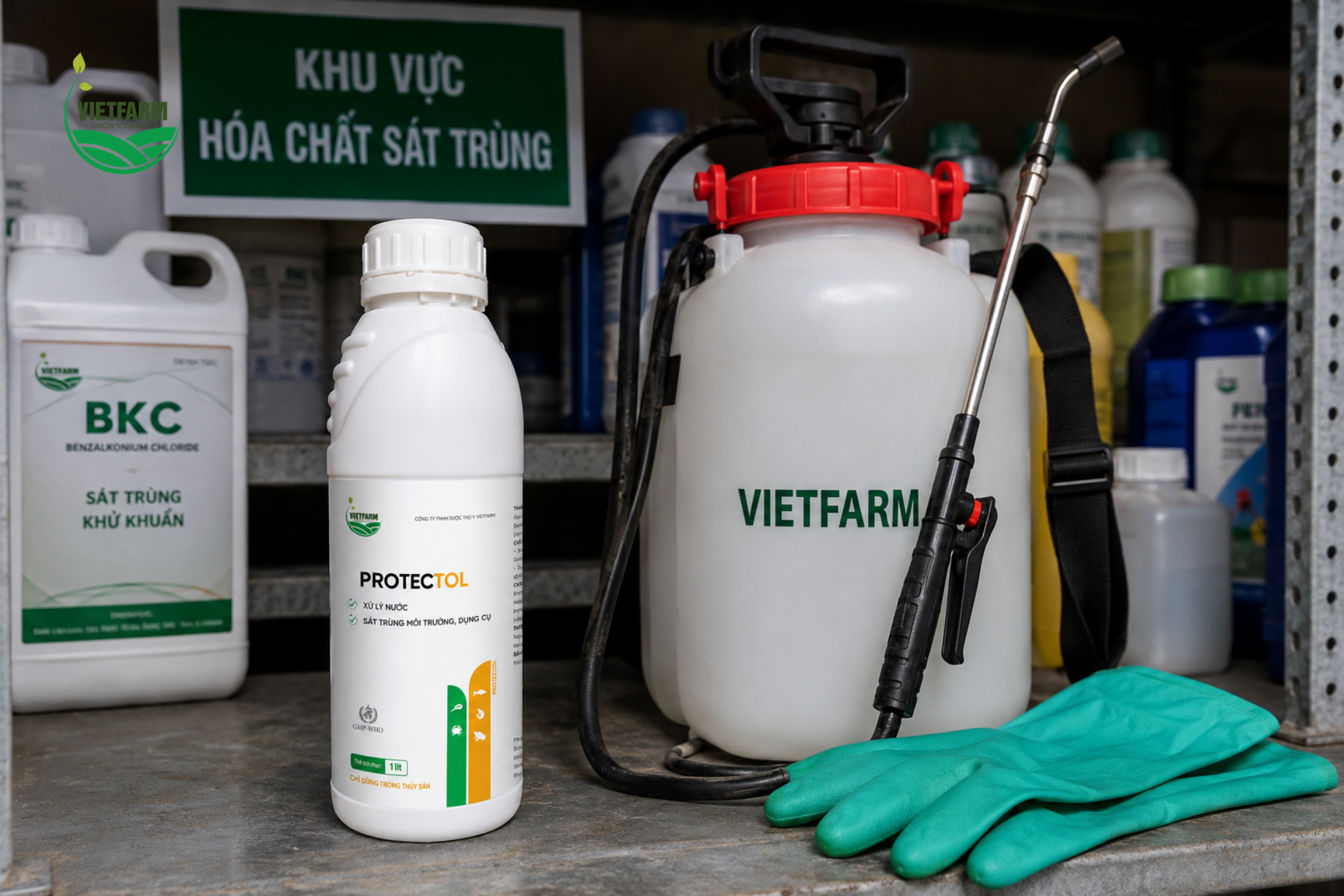 Protectol đóng can dung tích lớn, tiện lợi pha loãng theo tỷ lệ khuyến cáo cho từng mục đích sử dụng khác nhau tại trại.