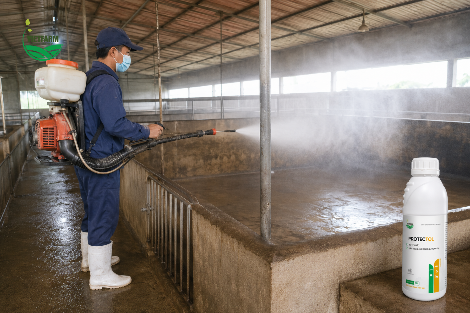 Phun kỹ toàn bộ bề mặt nền, vách chuồng bằng Protectol sau khi dọn dẹp và trước khi tái đàn giúp loại bỏ mầm bệnh còn sót lại từ lứa nuôi trước, bao gồm cả bào tử vi khuẩn bền vững nhất.