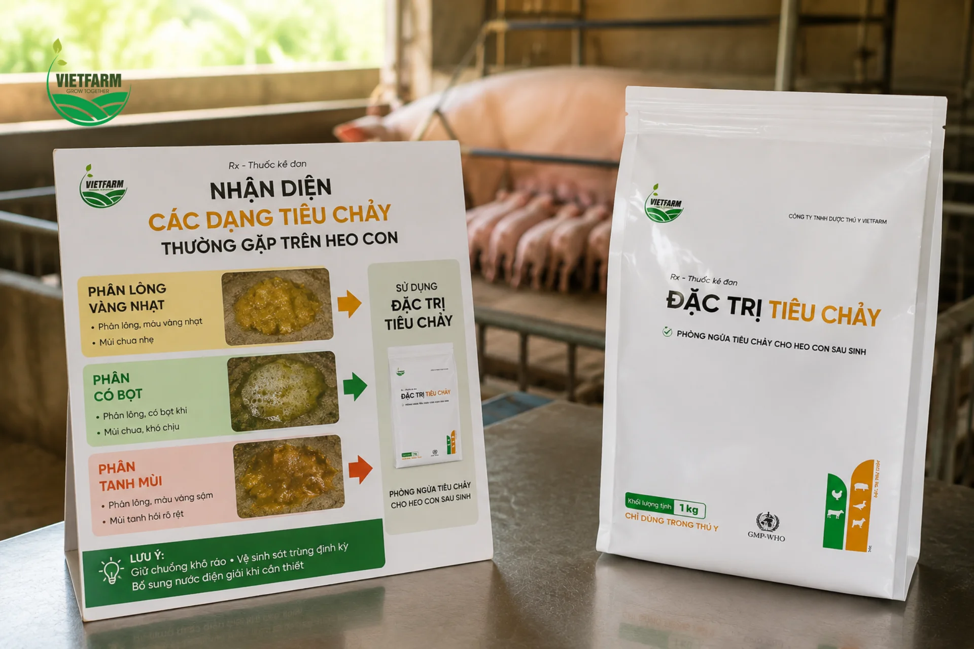 Nhận diện đúng dạng phân bất thường giúp bà con can thiệp sớm bằng Đặc trị tiêu chảy trước khi heo con hoặc vật nuôi mất nước nghiêm trọng.