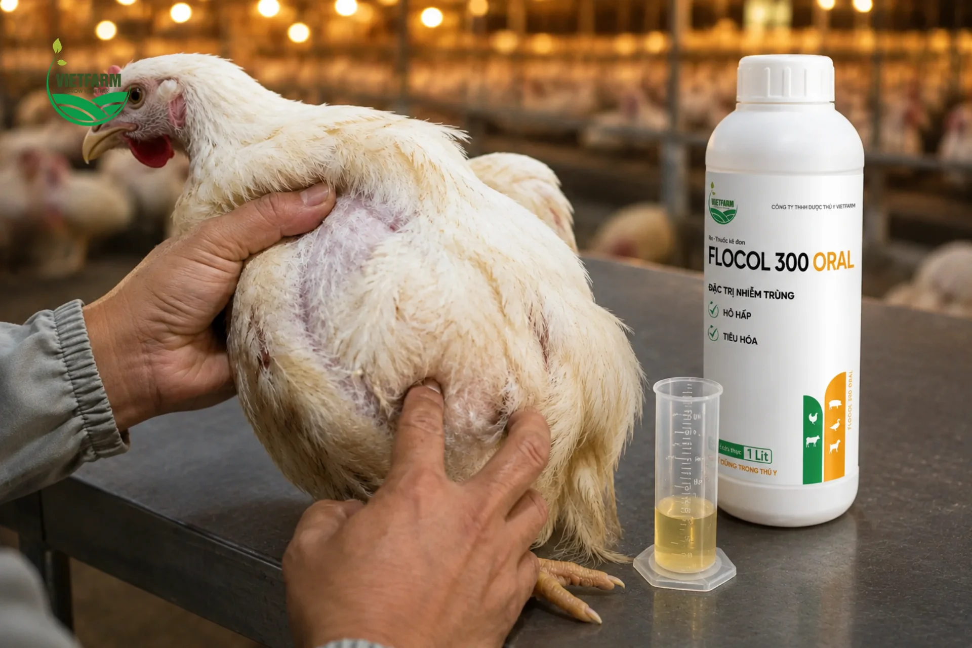 Pha Flocol 300 Oral vào nước uống ngay khi đàn có dấu hiệu hô hấp hoặc tiêu hóa bất thường giúp kiểm soát bệnh trước khi ảnh hưởng đến năng suất cả đàn.