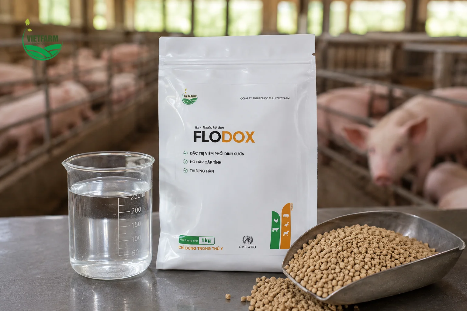 Flodox dạng bột hòa tan giúp bà con dễ dàng pha vào nước uống hoặc trộn vào thức ăn, xử lý nhanh cho cả đàn ngay khi phát hiện dấu hiệu bất thường.
