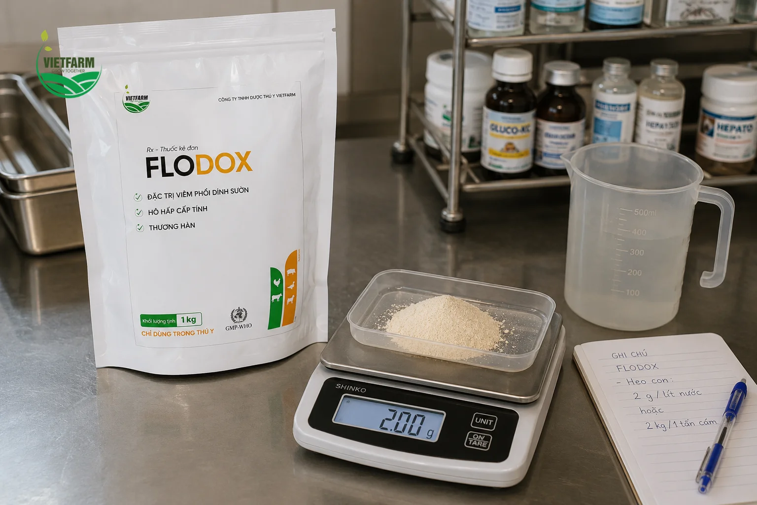 Cân đúng lượng bột Flodox theo thể trọng đàn trước khi pha giúp đảm bảo liều lượng chính xác, đồng đều cho cả đàn.