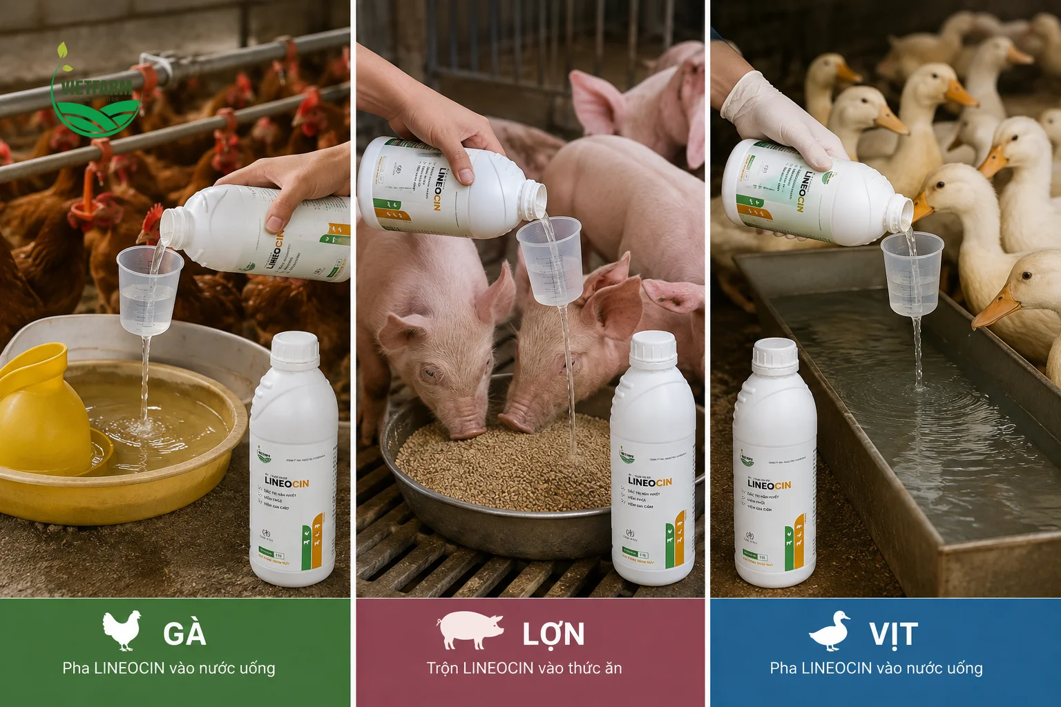 Lineocin pha trực tiếp vào nước uống hoặc trộn vào thức ăn tùy loài — không cần thao tác kỹ thuật phức tạp, phù hợp để cả đàn tiếp cận thuốc đồng đều trong thời gian ngắn.
