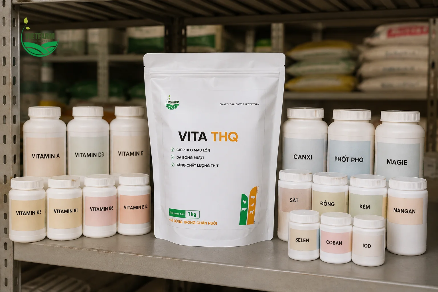 Một gói Vita THQ gộp đủ 10 loại vitamin và 6 khoáng vi lượng — giúp trại không cần trữ nhiều loại thuốc bổ đơn lẻ riêng biệt cho từng dưỡng chất.
