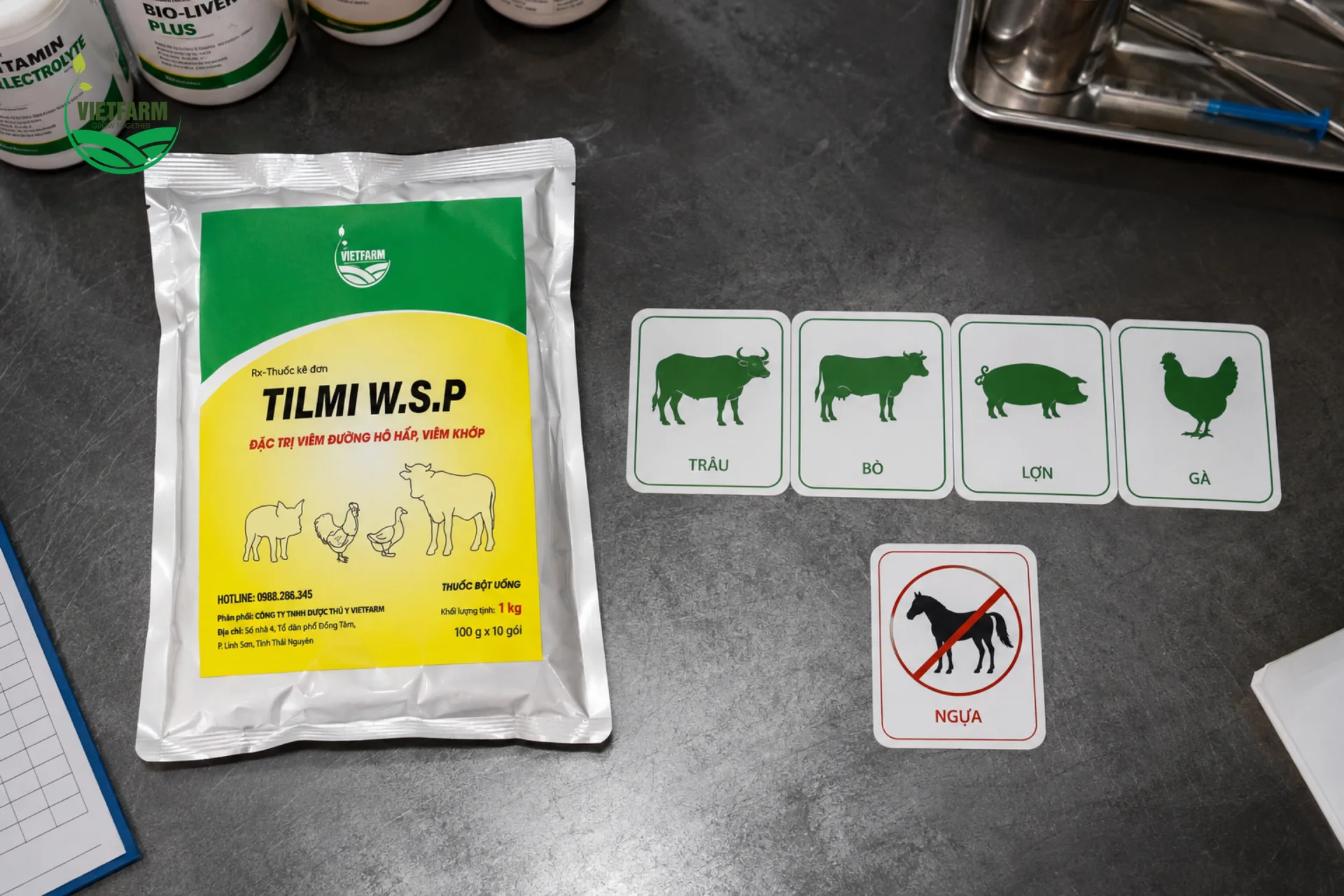 Các thẻ hình loài vật giúp nhân viên trại nhận biết nhanh Timi WSP dùng được cho trâu, bò, lợn, gà — không dùng cho ngựa.
