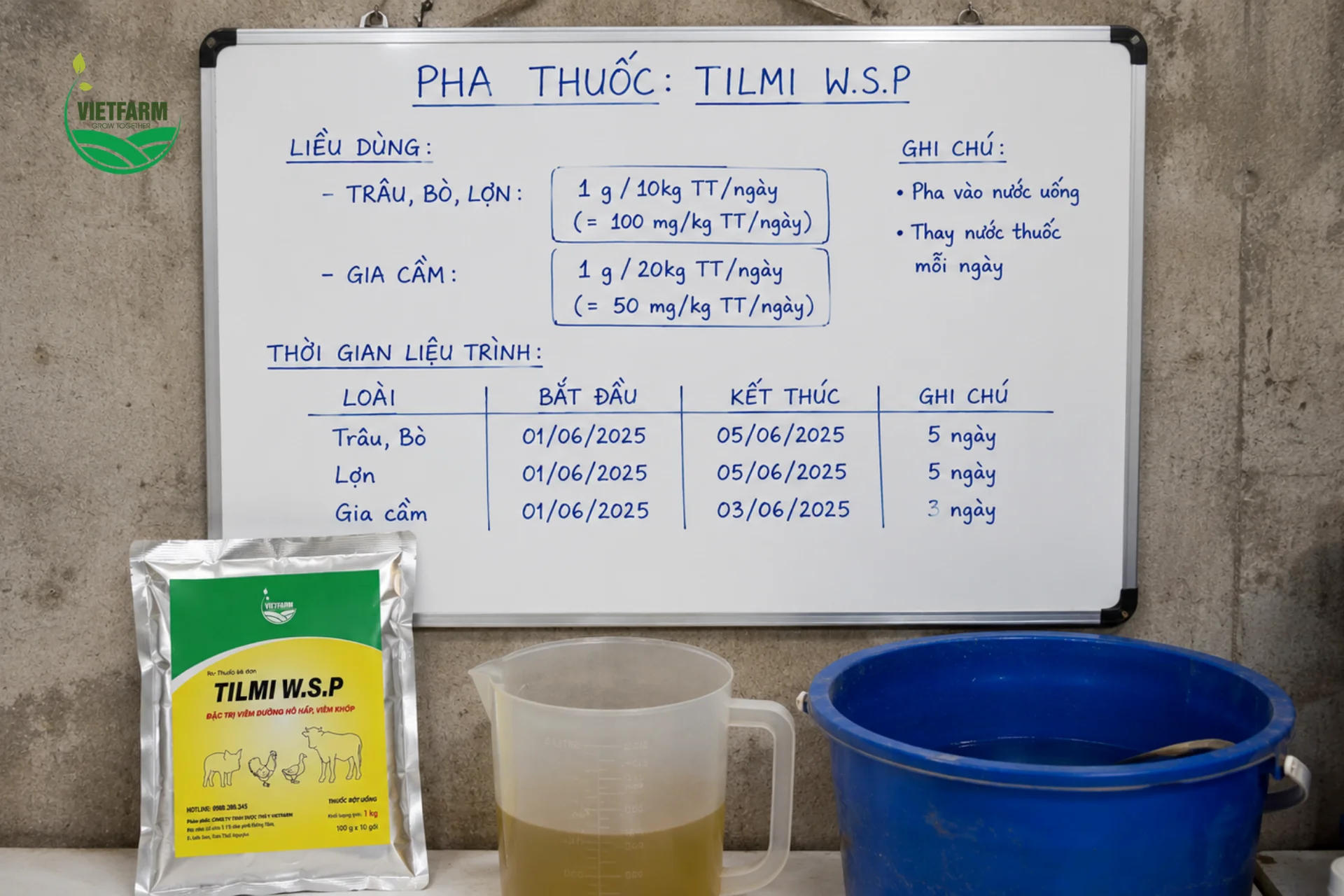 Ghi rõ liều và thời gian liệu trình trên bảng theo dõi tại khu pha thuốc giúp tránh nhầm lẫn liều giữa các loài vật nuôi khác nhau trong trại.
