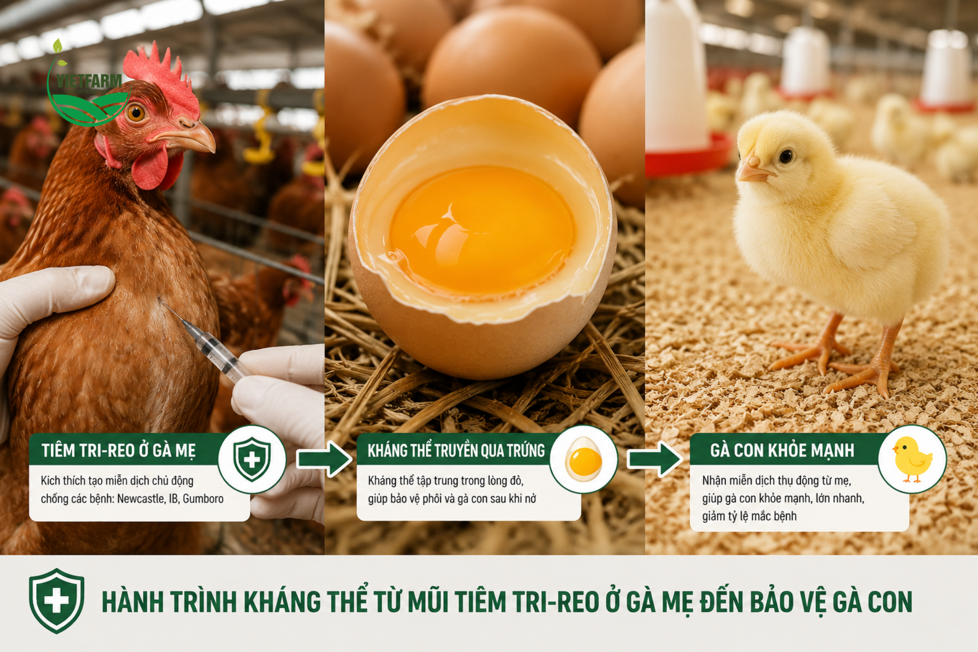 Tri-Reo tiêm cho gà mẹ trước giai đoạn đẻ giúp truyền một lượng kháng thể lớn và ổn định qua lòng đỏ trứng, bảo vệ thụ động cho gà con trong những tuần đầu đời trước khi hệ miễn dịch của chúng phát triển hoàn chỉnh.