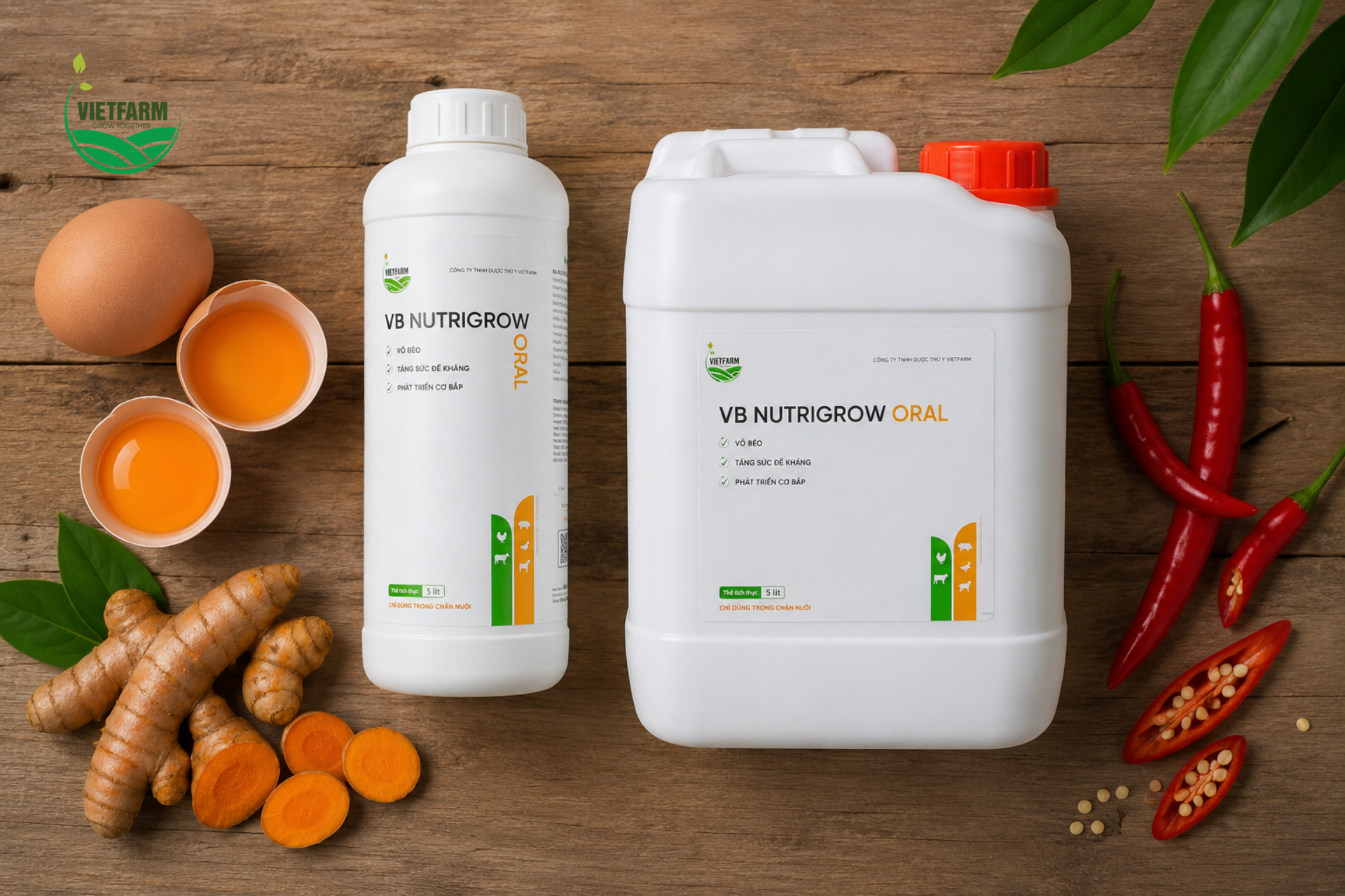 VB Nutrigrow Oral kết hợp axit amin, Vitamin và chiết xuất ớt, nghệ tự nhiên — hướng đến cả năng suất số lượng lẫn chất lượng trứng, thịt của đàn gia cầm.