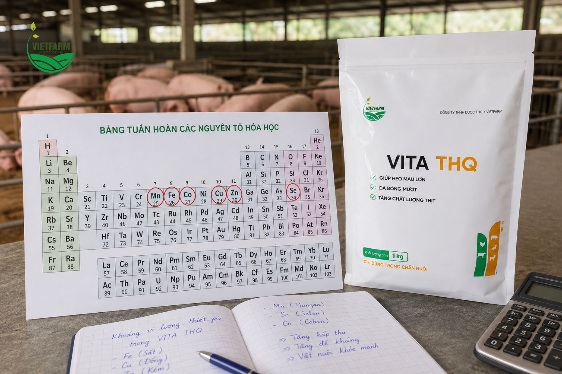 Vita THQ bổ sung đồng thời sáu khoáng vi lượng thiết yếu — Sắt, Đồng, Kẽm, Mangan, Cobalt, Selen — nhóm dưỡng chất thường bị bỏ sót trong khẩu phần thức ăn công nghiệp thông thường.
