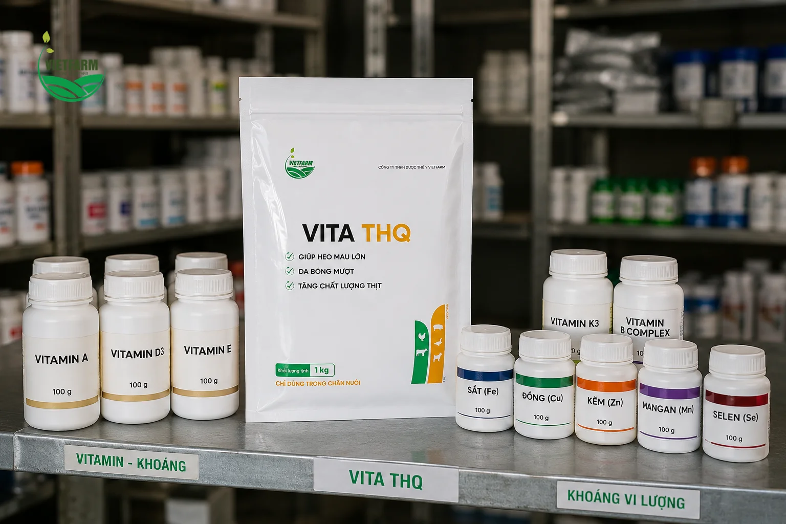 Một gói Vita THQ gộp đủ 10 loại vitamin và 6 khoáng vi lượng — giúp trại không cần trữ nhiều loại thuốc bổ đơn lẻ riêng biệt cho từng dưỡng chất.