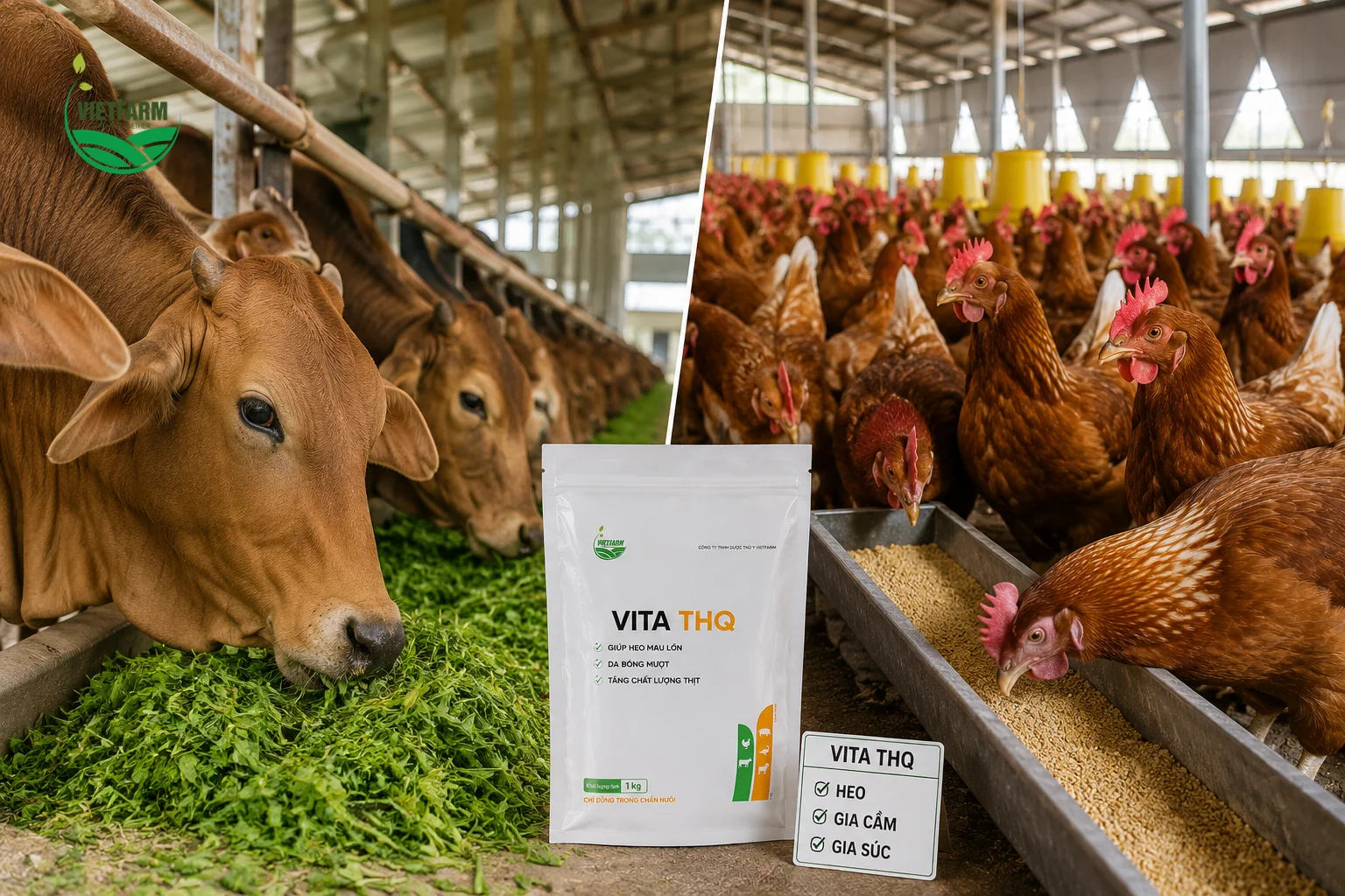 Đề kháng tốt, tăng trưởng ổn định và tỷ lệ thịt cao trên cả gia súc lẫn gia cầm là kết quả của việc bổ sung đầy đủ vitamin và khoáng vi lượng bằng Vita THQ.