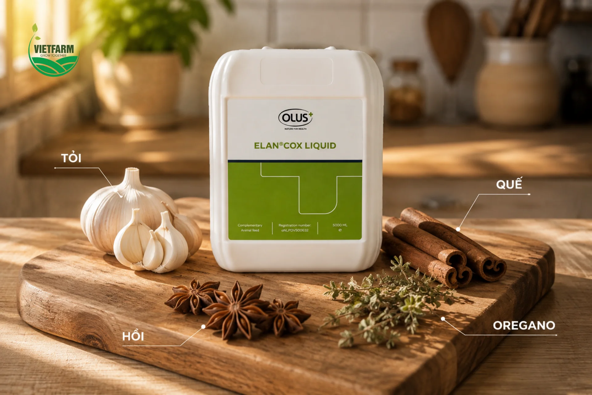Elan Cox chiết xuất từ bốn loại thảo dược quen thuộc — Oregano, Hồi, Tỏi, Quế — mỗi loại đóng góp một cơ chế bảo vệ đường ruột khác nhau cho vật nuôi.