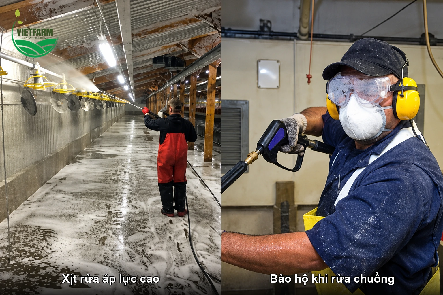 Rửa chuồng đẻ bằng máy áp lực cao, công nhân mang đồ bảo hộ