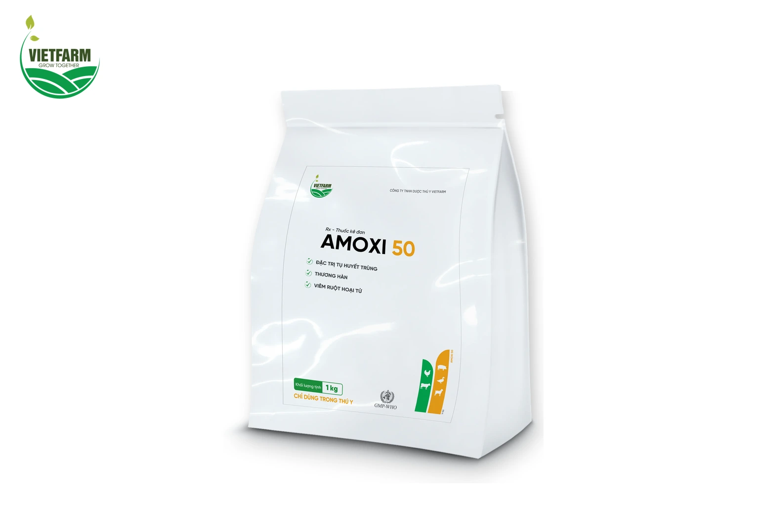 Amoxi 50 của Vietfarm, bột hòa tan chứa Amoxicillin dạng túi 1 kg.
