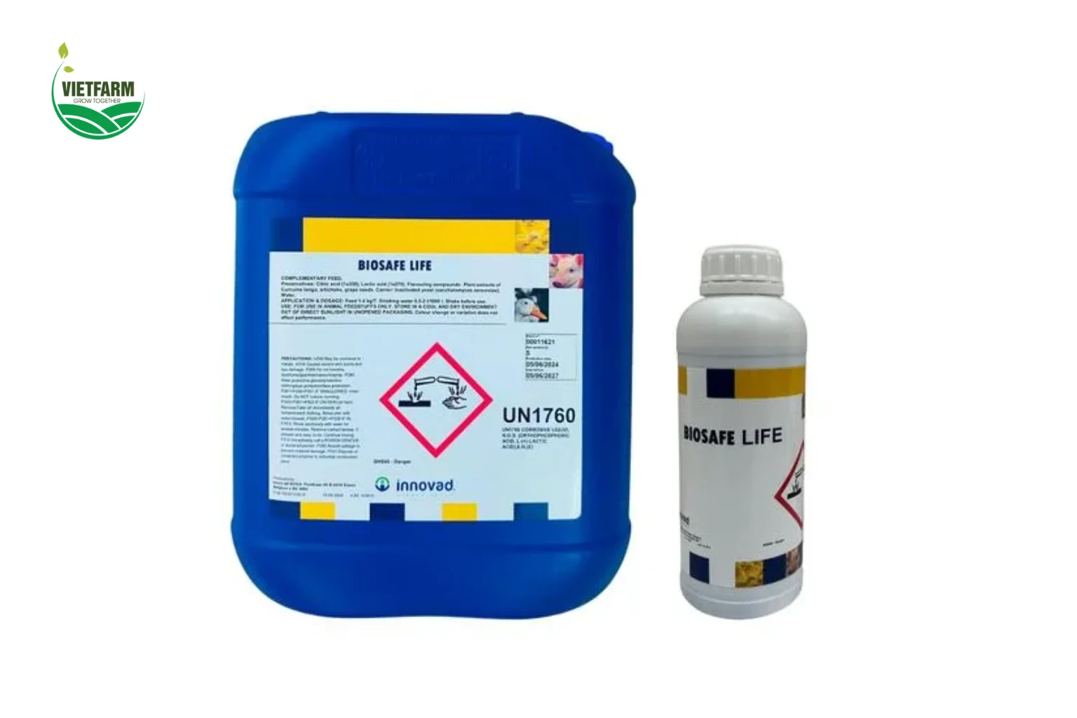 Biosafe Life dạng dung dịch pha nước uống, quy cách 1 lít và 5 lít.