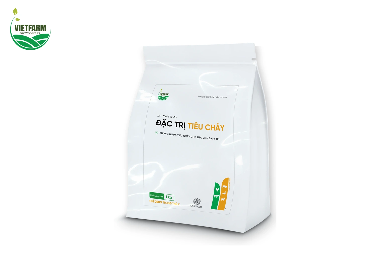 Đặc trị tiêu chảy của Vietfarm, bột trộn thức ăn dạng túi 1 kg.