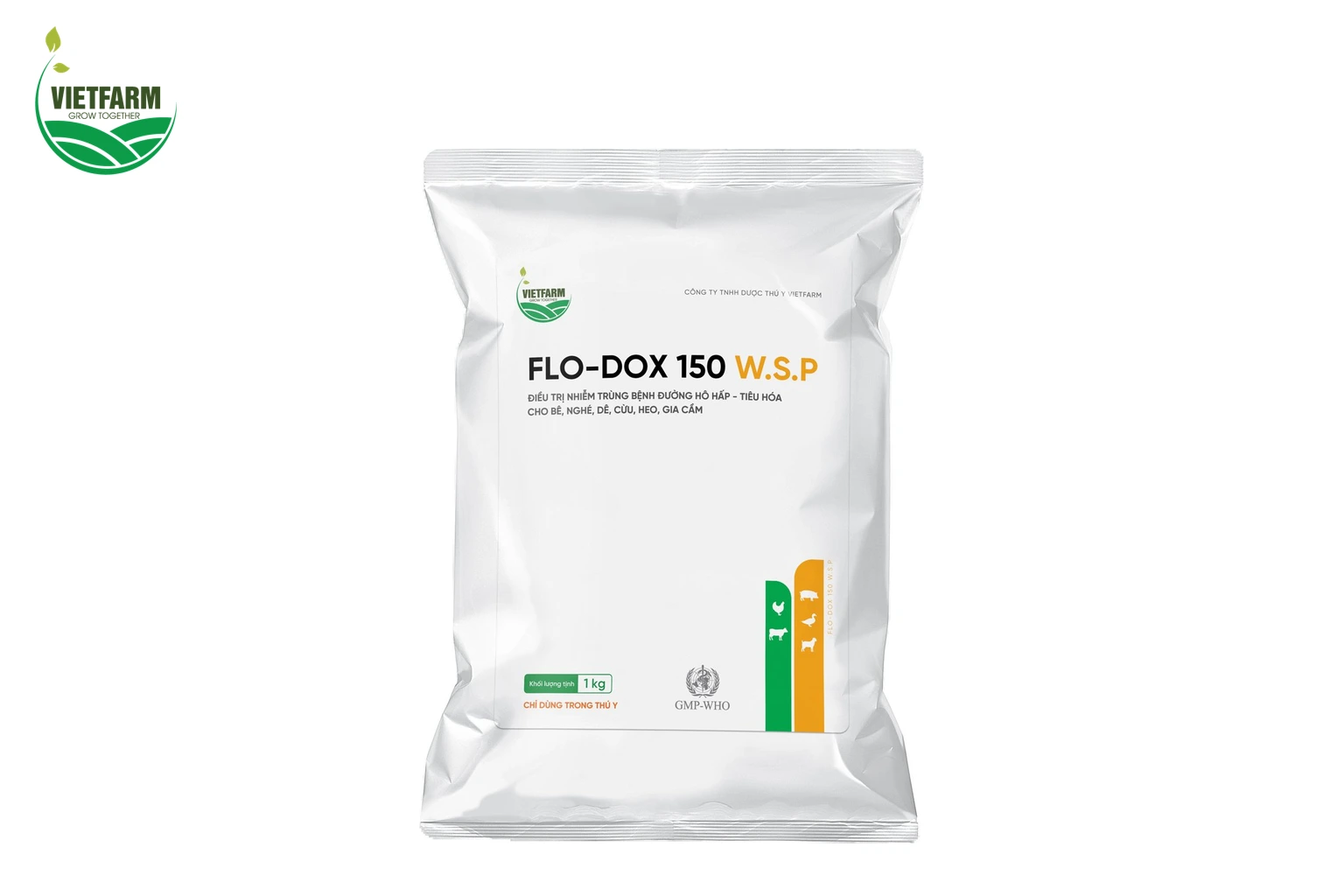 Flo-Dox 150 W.S.P của Vietfarm, bột hòa tan phối hợp Florfenicol và Doxycycline.